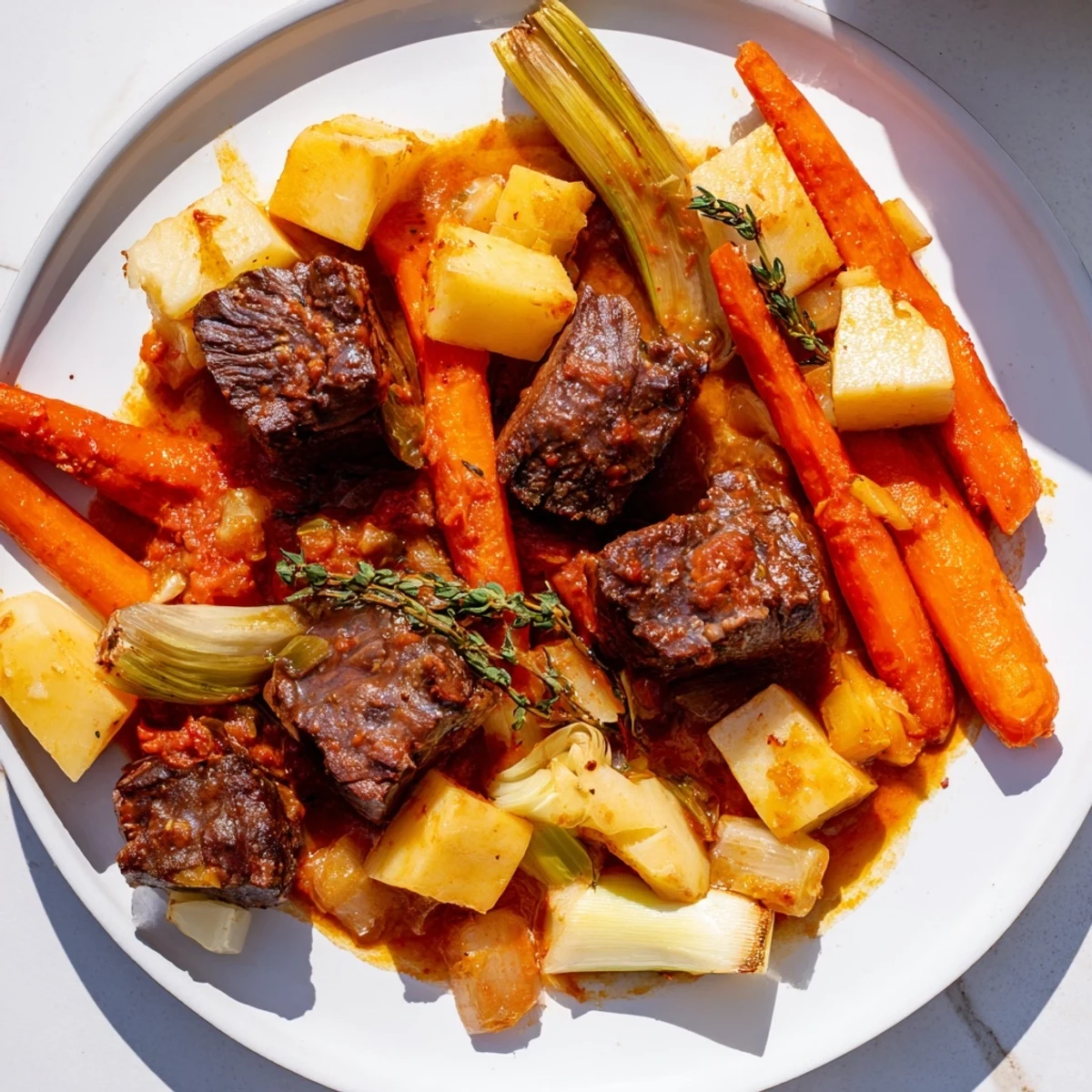 Image d'un plat de Lamb Stew with Root Vegetables, couvert de thym, où les morceaux de bœuf et les navets mijotent ensemble.