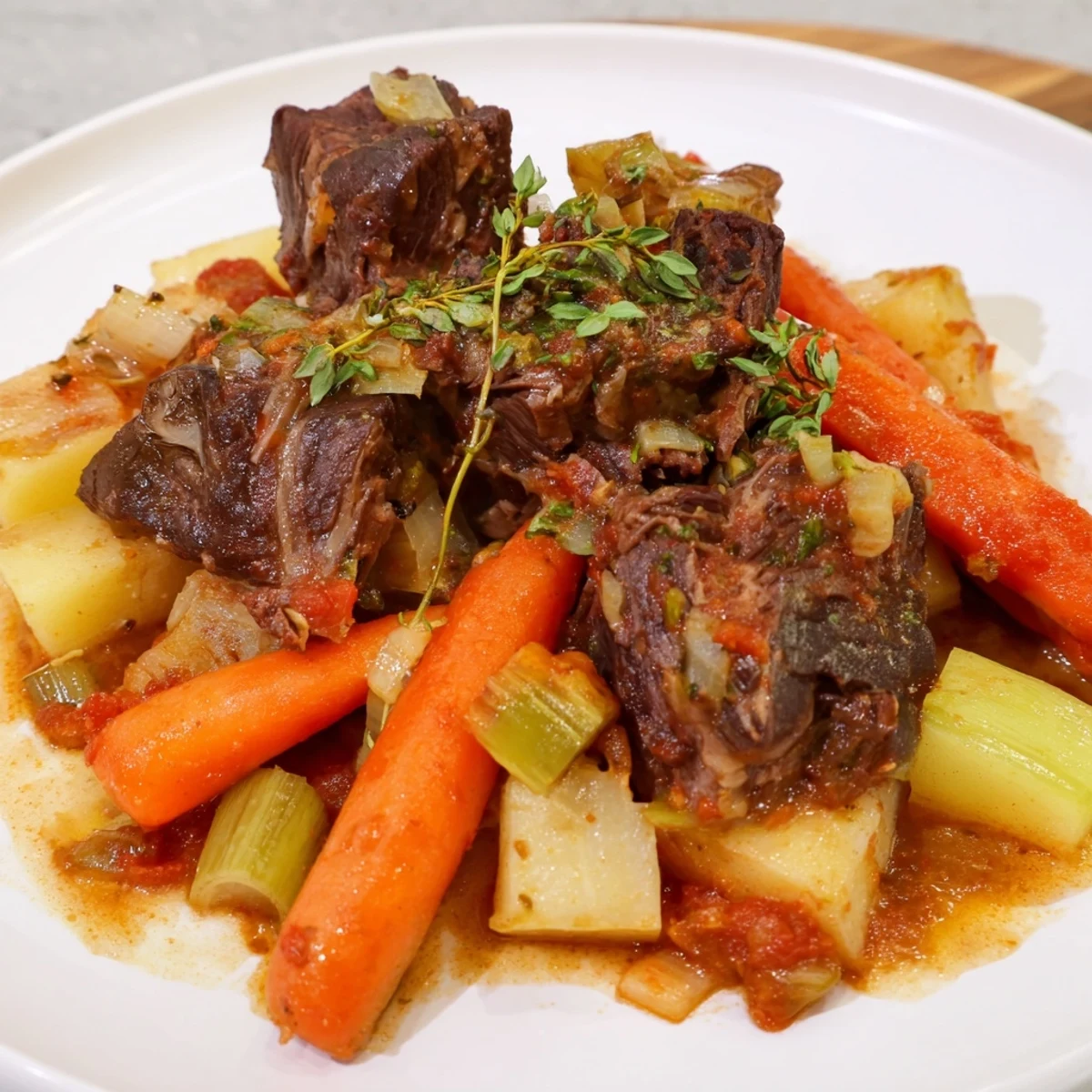 Un repas familial confortable de Lamb Stew with Root Vegetables, présenté dans une cocotte, avec des éclats de pain pour tremper dans la sauce.