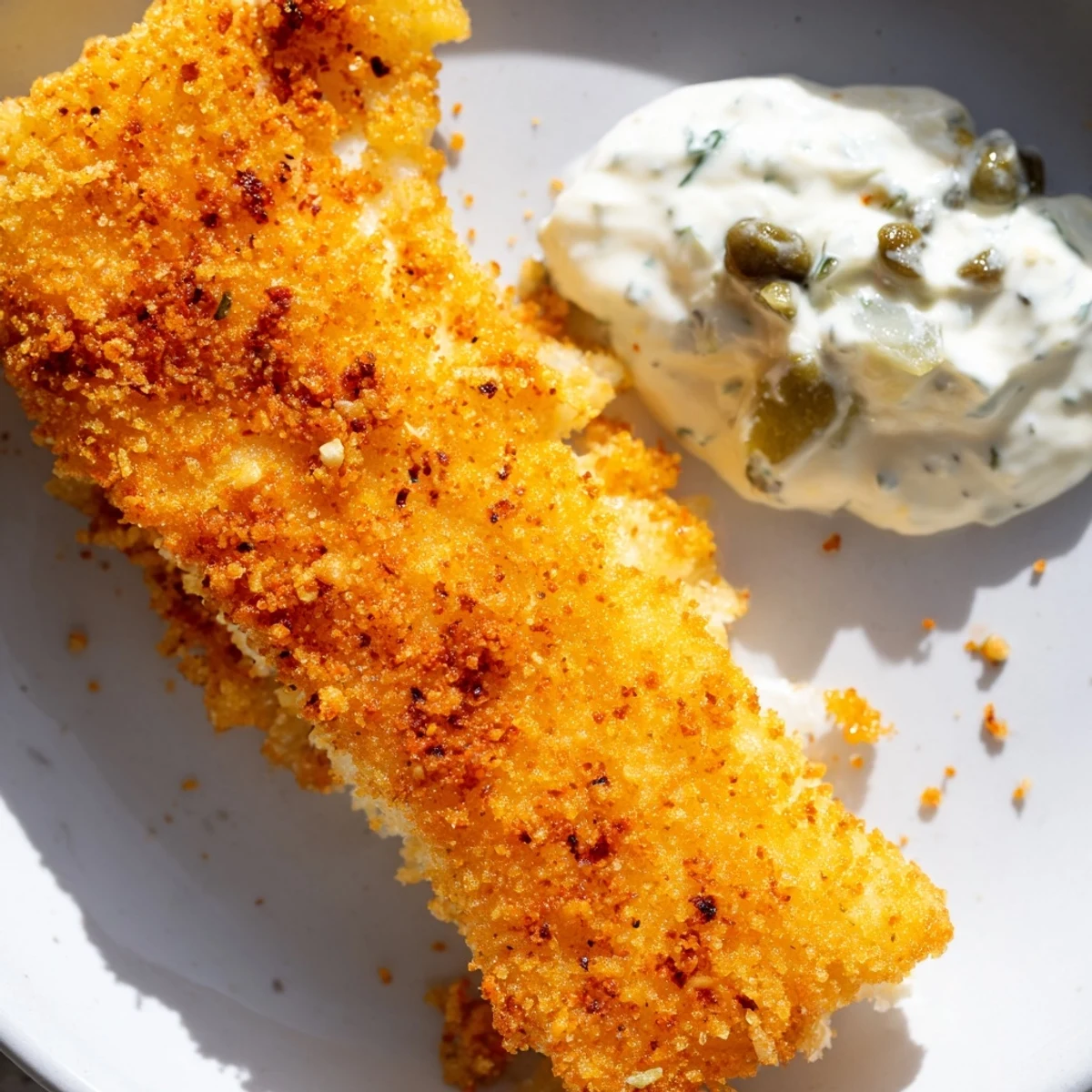 Plat de poisson frit servi avec une sauce tartare maison et une garniture de citron frais.