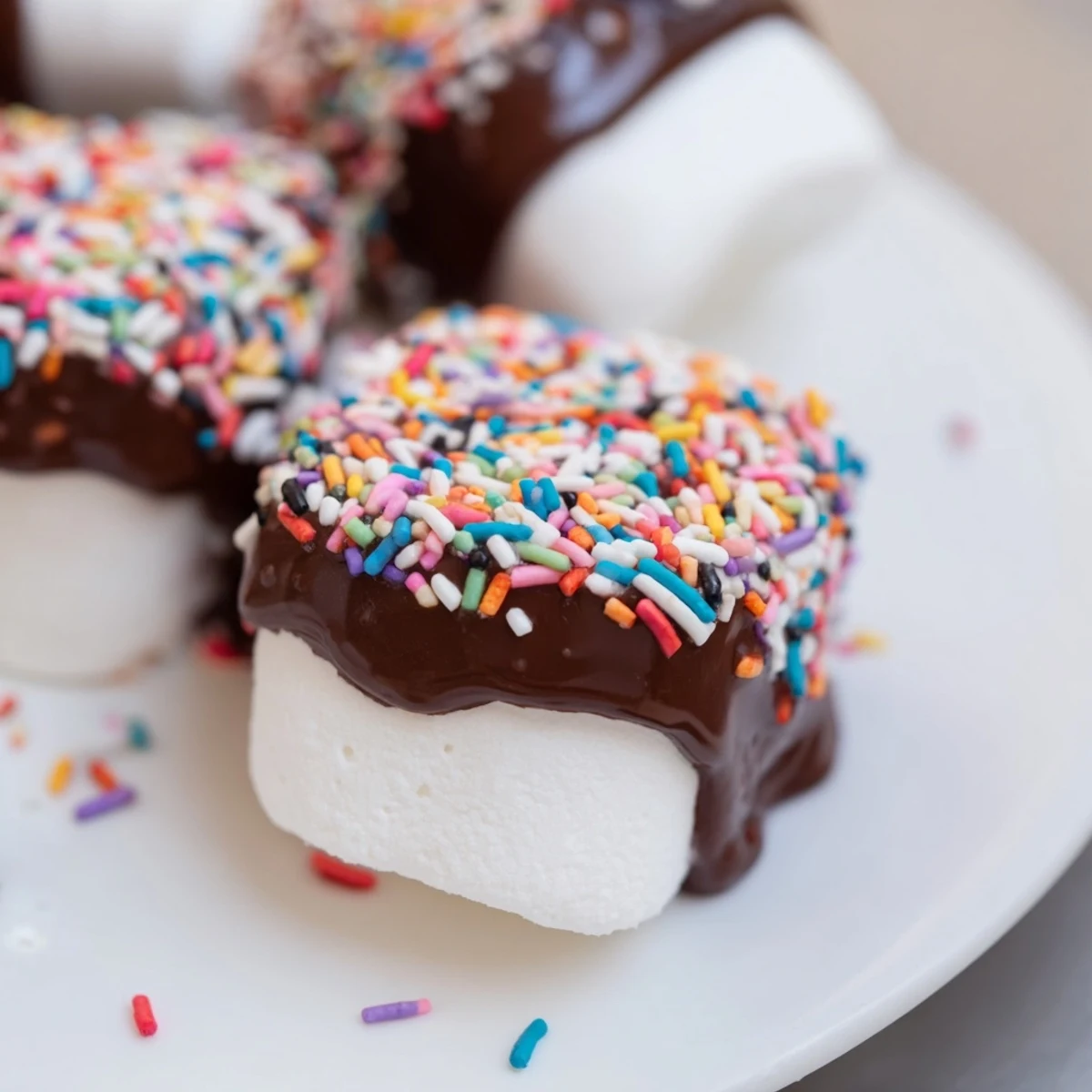 Gros marshmallows moelleux plongés dans un chocolat fondant, terminés par des confettis colorés pour une touche festive parfaite.