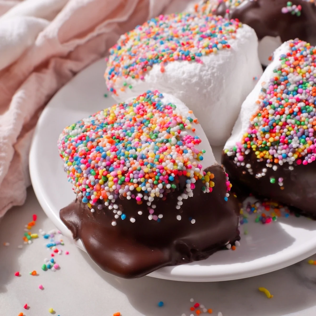 Marshmallows au chocolat, décorés de perles brillantes, prêts à être servis sur un plateau pour un goûter amusant.