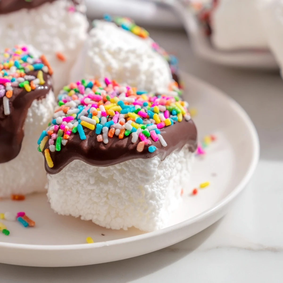 Marshmallows fondants recouverts de chocolat crémeux et saupoudrés de vermicelles multicolores, une douceur irrésistible à déguster.