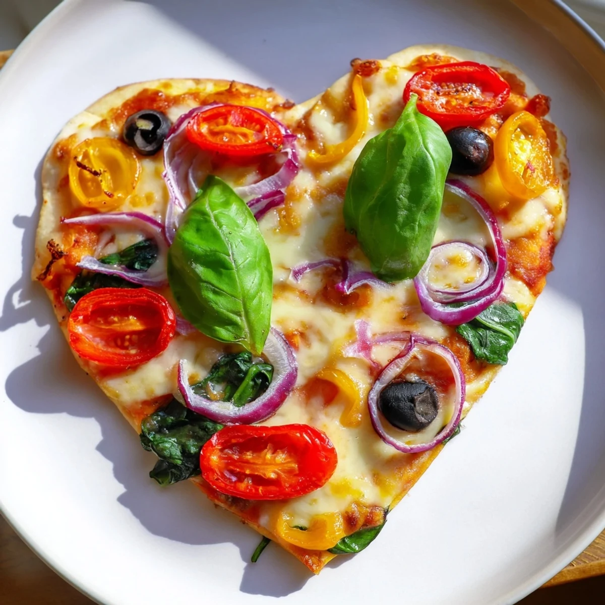Une pizza aux légumes en forme de cœur, garnie de poivrons colorés, tomates cerises et fromage mozzarella fondue.
