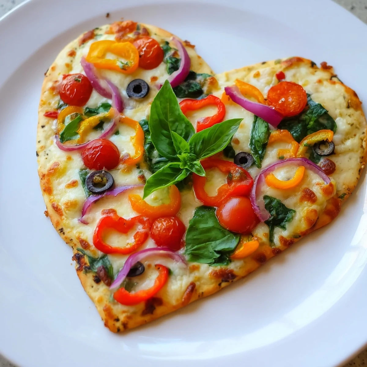 Croustillante, cette pizza végétarienne en forme de cœur est servie avec des feuilles de basilic frais parfumées.