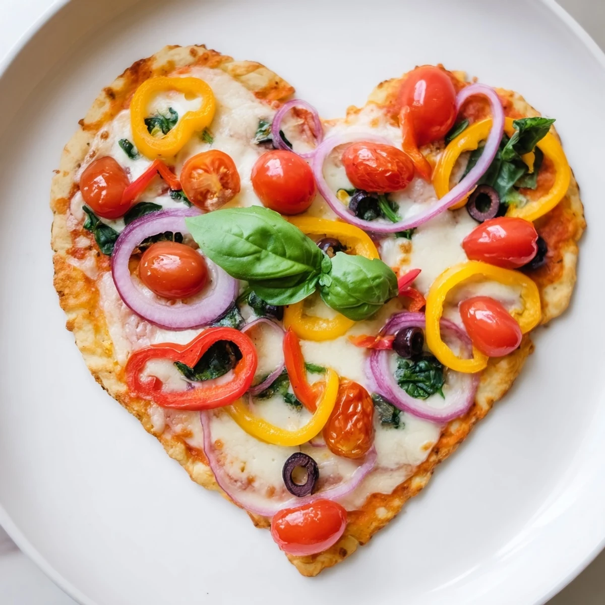 Une pizza maison en forme de cœur, garnie de légumes vibrants et de mozzarella fondue, parfaite pour un dîner spécial.