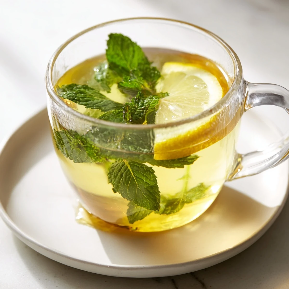 Mint Tea with Honey and Lemon in a clear glass mug, fresh mint leaves floating on top, a lemon slice on the rim.
