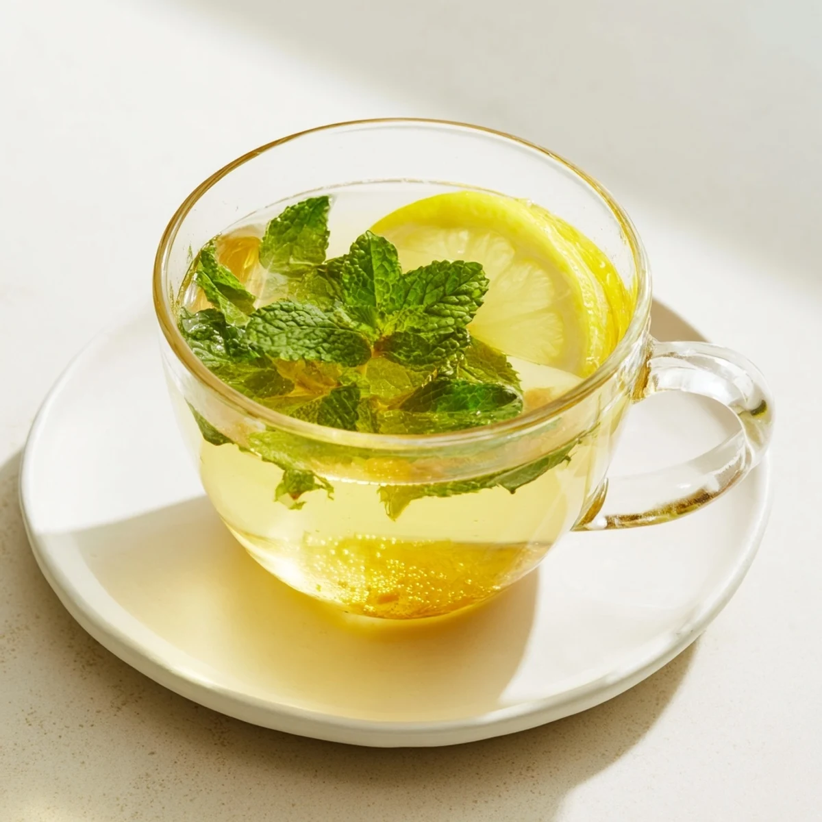 Steaming Mint Tea with Honey and Lemon in a rustic teacup, honey drizzled and lemon slice garnishing the rim.