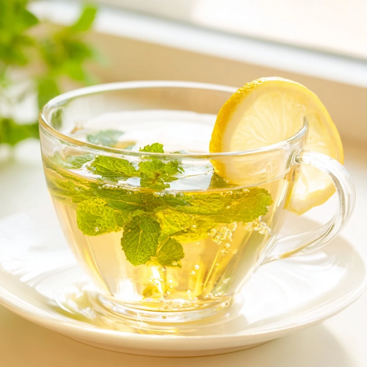 Mint Tea with Honey and Lemon served in a clear glass over ice, fresh mint sprigs and lemon wedges nearby.