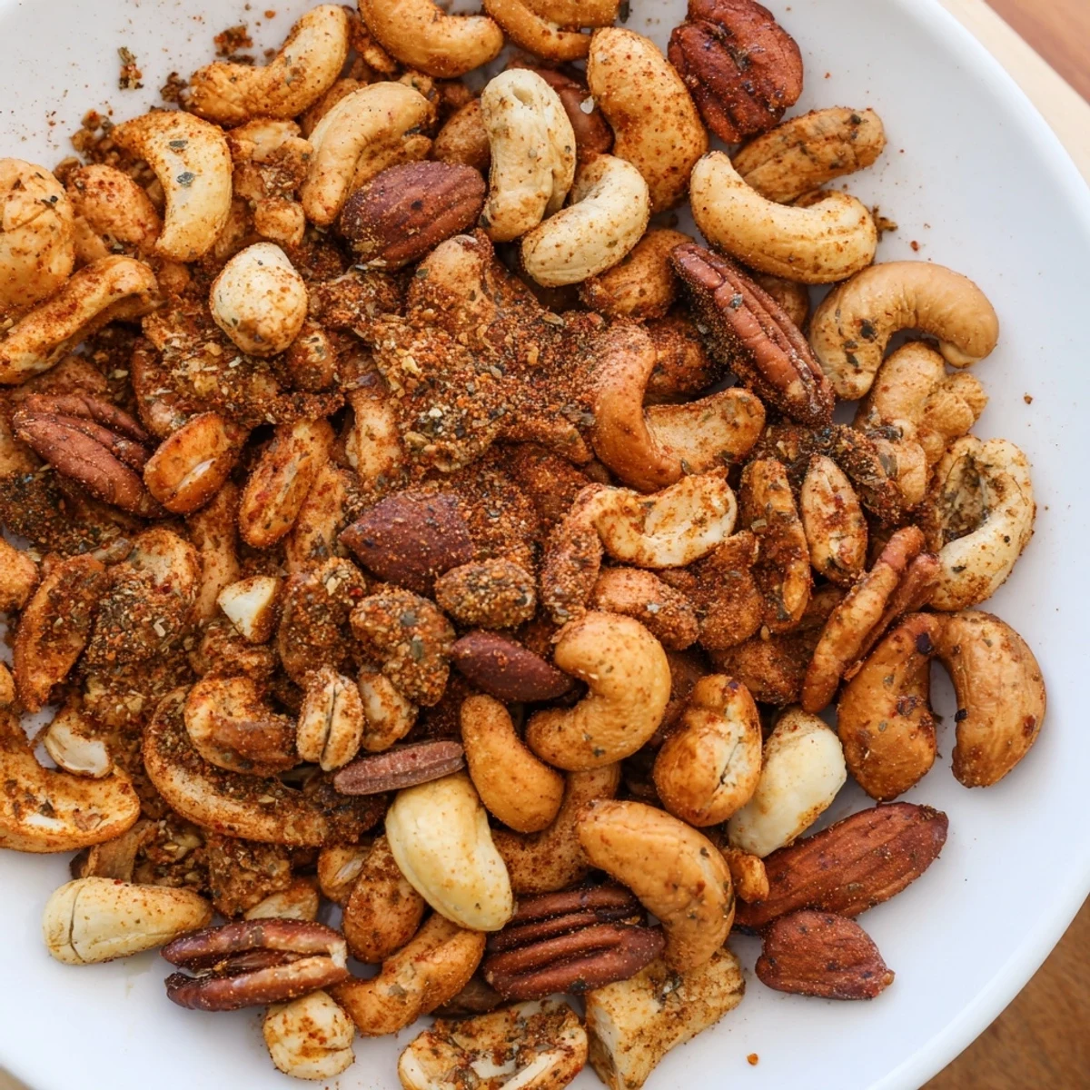 Spicy Nuts Mix with Cajun Seasoning roasted to golden perfection in a single layer.