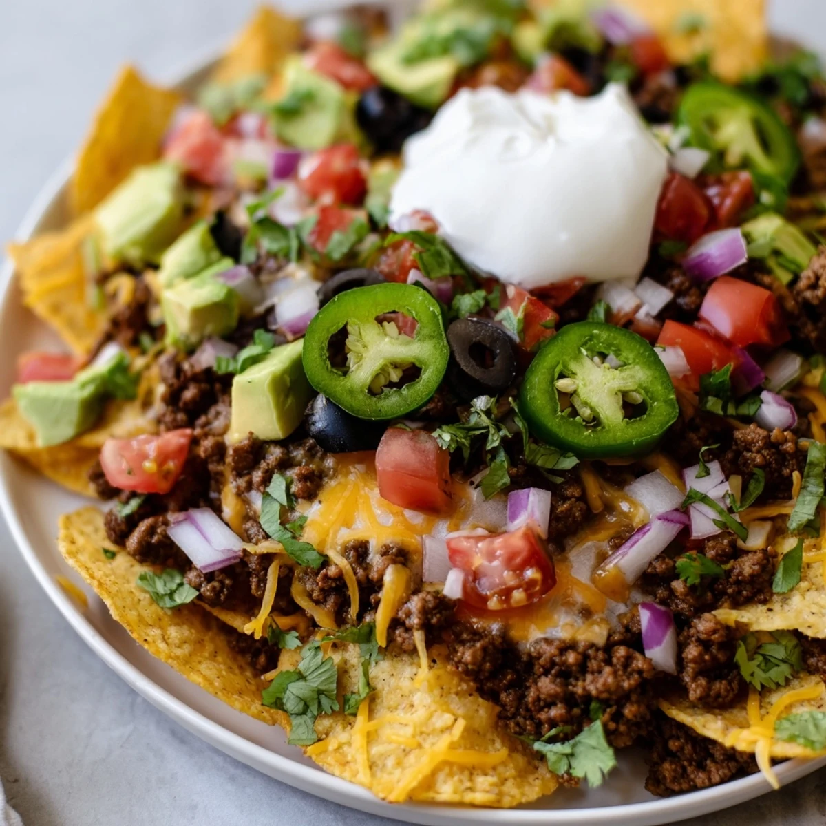 Des nachos suprêmes au sour cream servis chauds, avec une garniture de crème aigie et des légumes croquants.