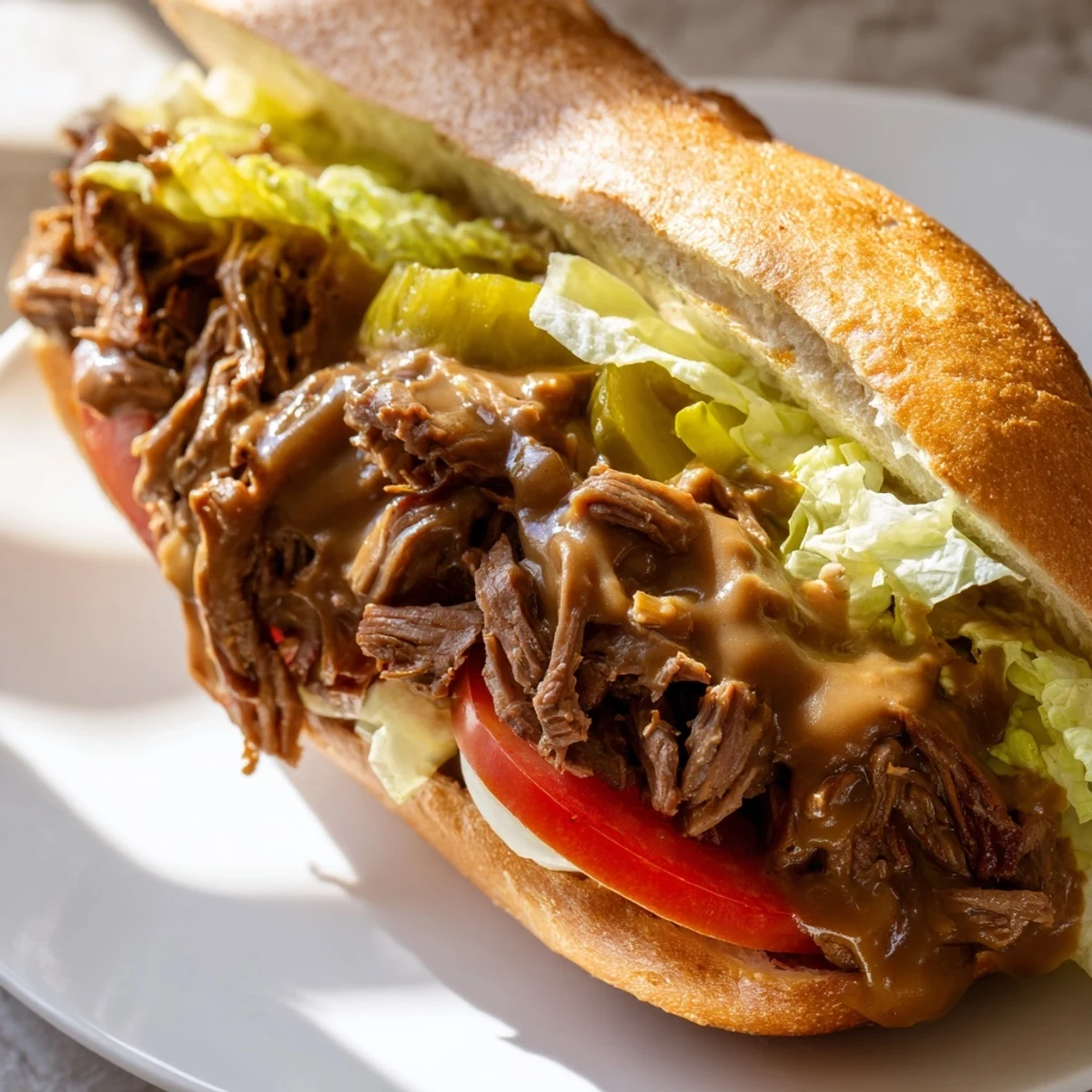 Un sandwich Po Boy au bœuf rôti garni de salade croquante et de tomates frais sur une baguette croustillante, nappé de sauce épaisse.