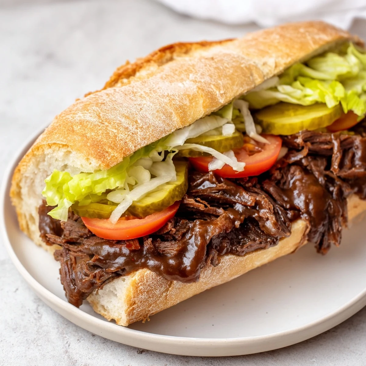 Pain croustillant d'une baguette française rempli de bœuf rôti fondant, salade verte croquante, tranches de tomate et cornichons au vinaigre.