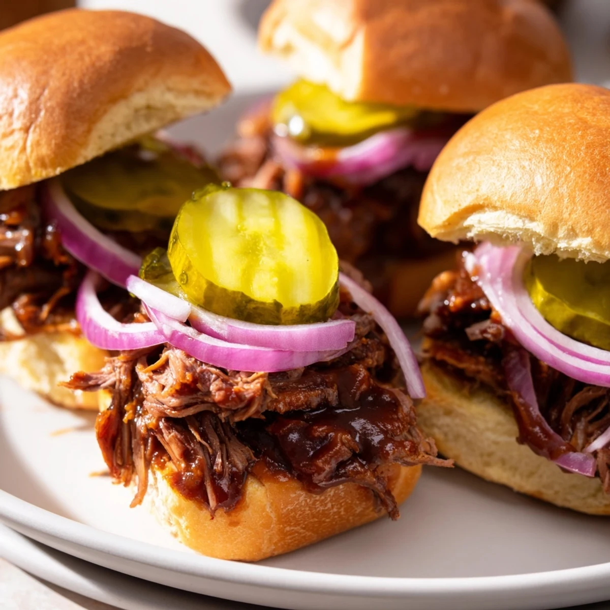 Pulled Beef Sliders with Pickles and Onion, tender slow-cooked meat piled on buttery buns with crisp red onion and pickles for a savory party bite.