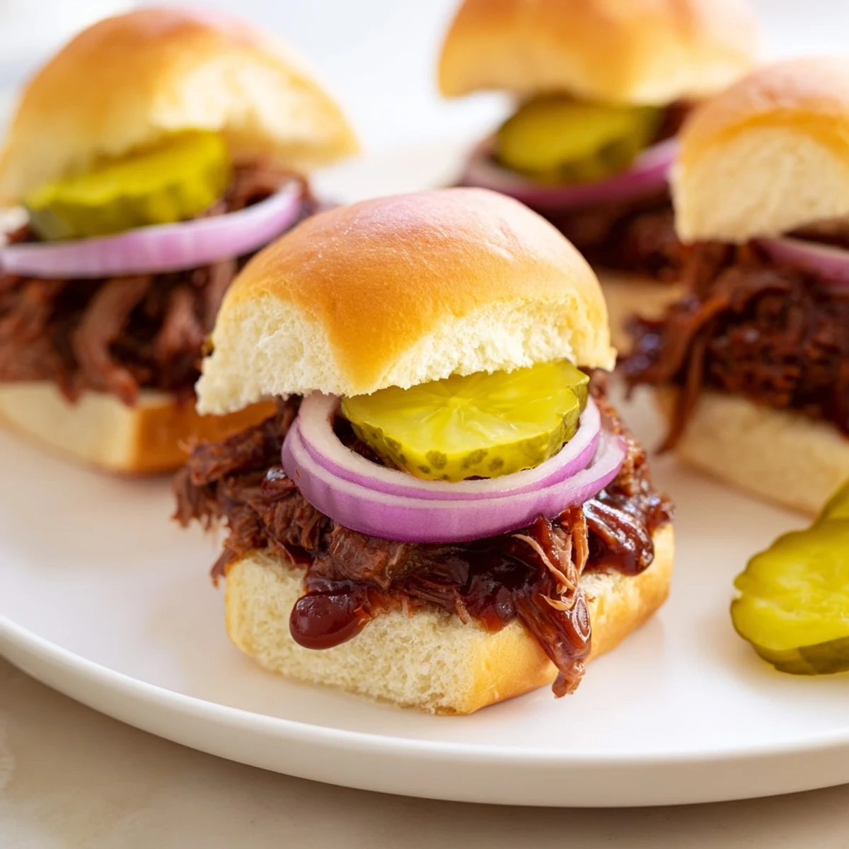 Golden toasted slider buns cradle juicy pulled beef, topped with tangy dill pickles and thin red onion slices for a classic American flavor.