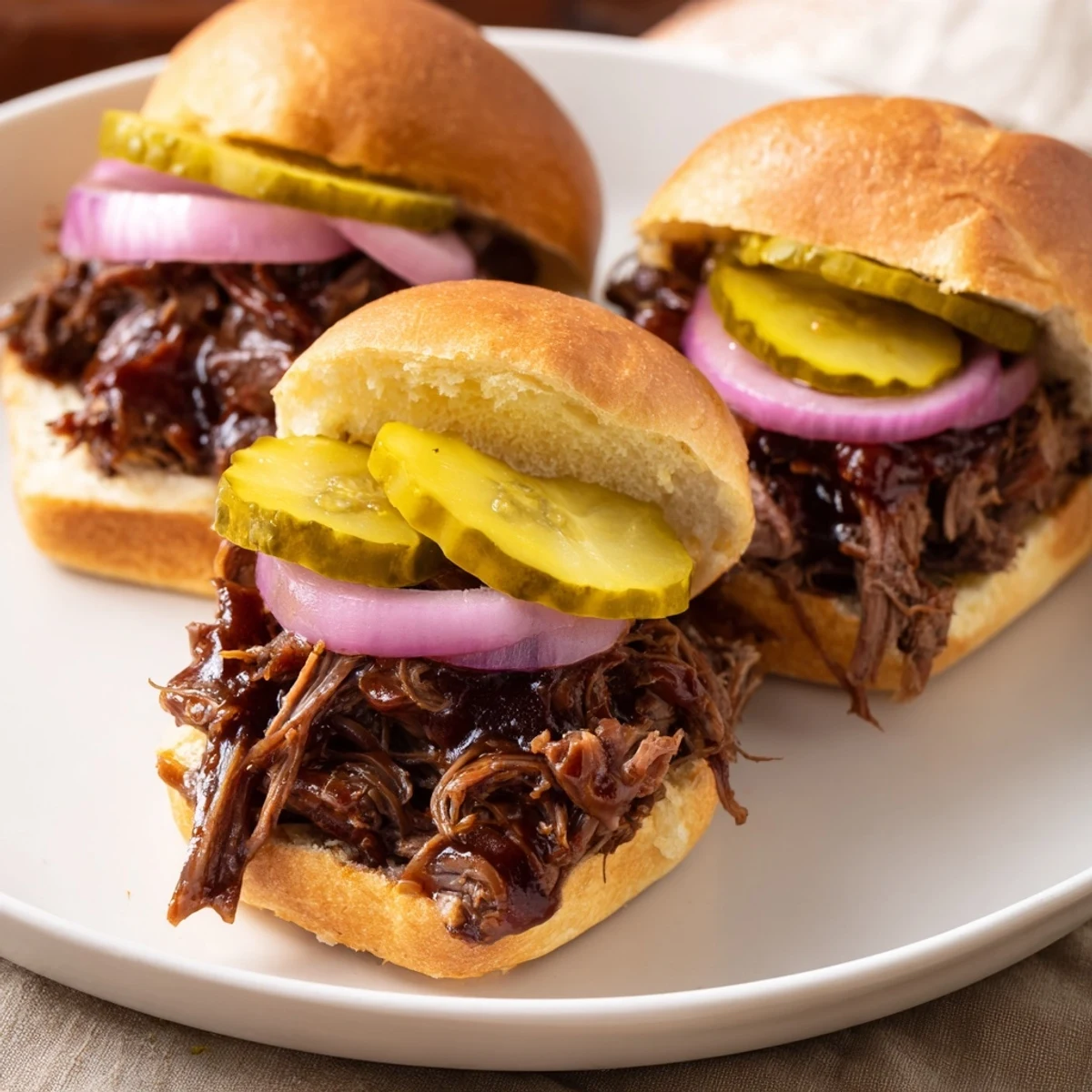 Ideal for game day, these Pulled Beef Sliders with Pickles and Onion feature shredded meat coated in barbecue sauce served warm on soft buns.