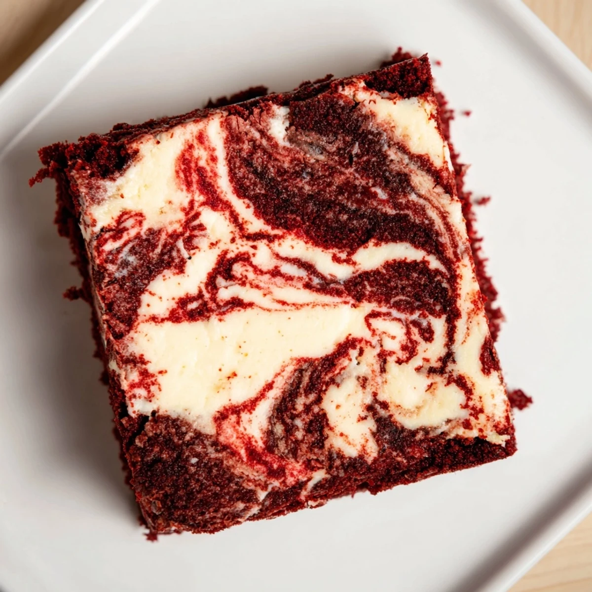 Poussière de sucre glace sur des brownies rouge velours avec des éclats de crème pâtissière, prêts à être dégustés.