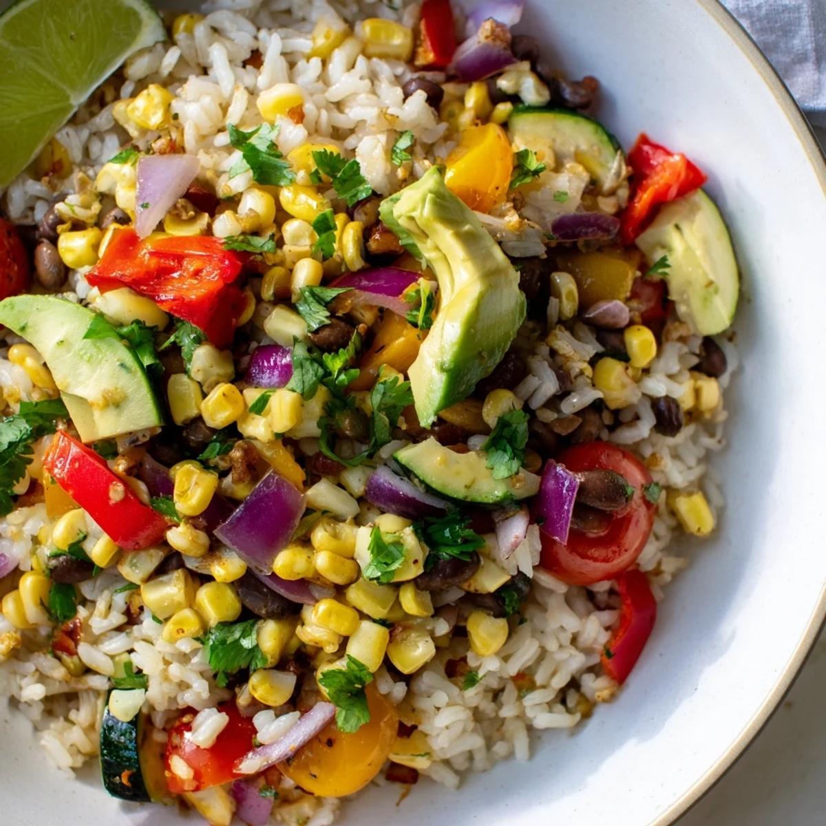 Un bol de riz cuit avec des légumes colorés, noix de cajou et une sauce à l'ail, présenté sur une nappe en lin blanche.