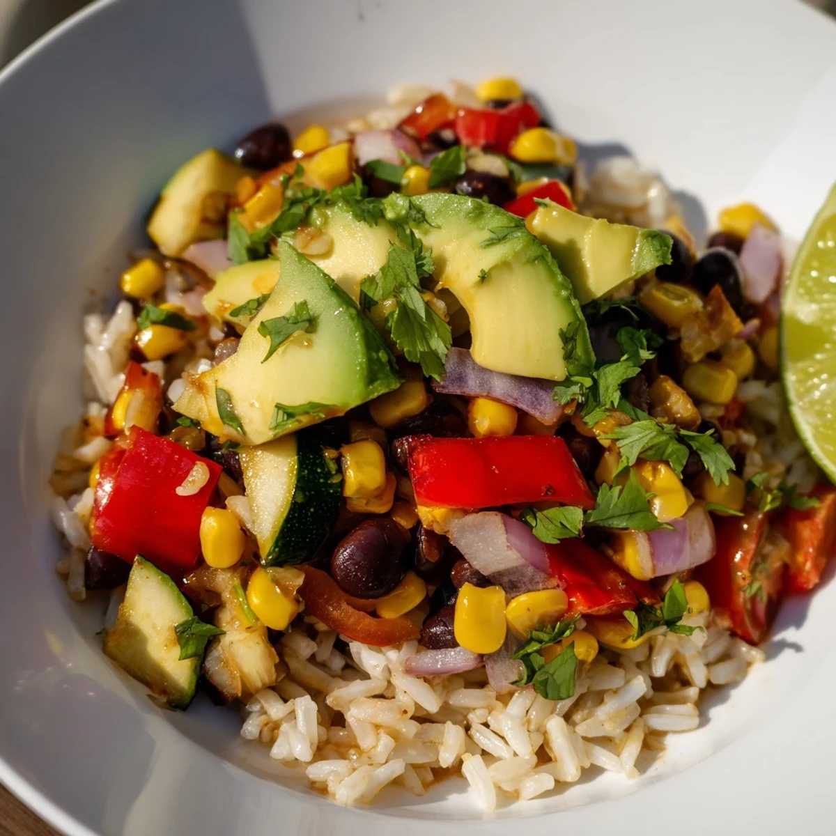 Un bol de riz végétarien avec des morceaux de poulet sauté, des carottes et des petits pois, sur un fond de table rustique.