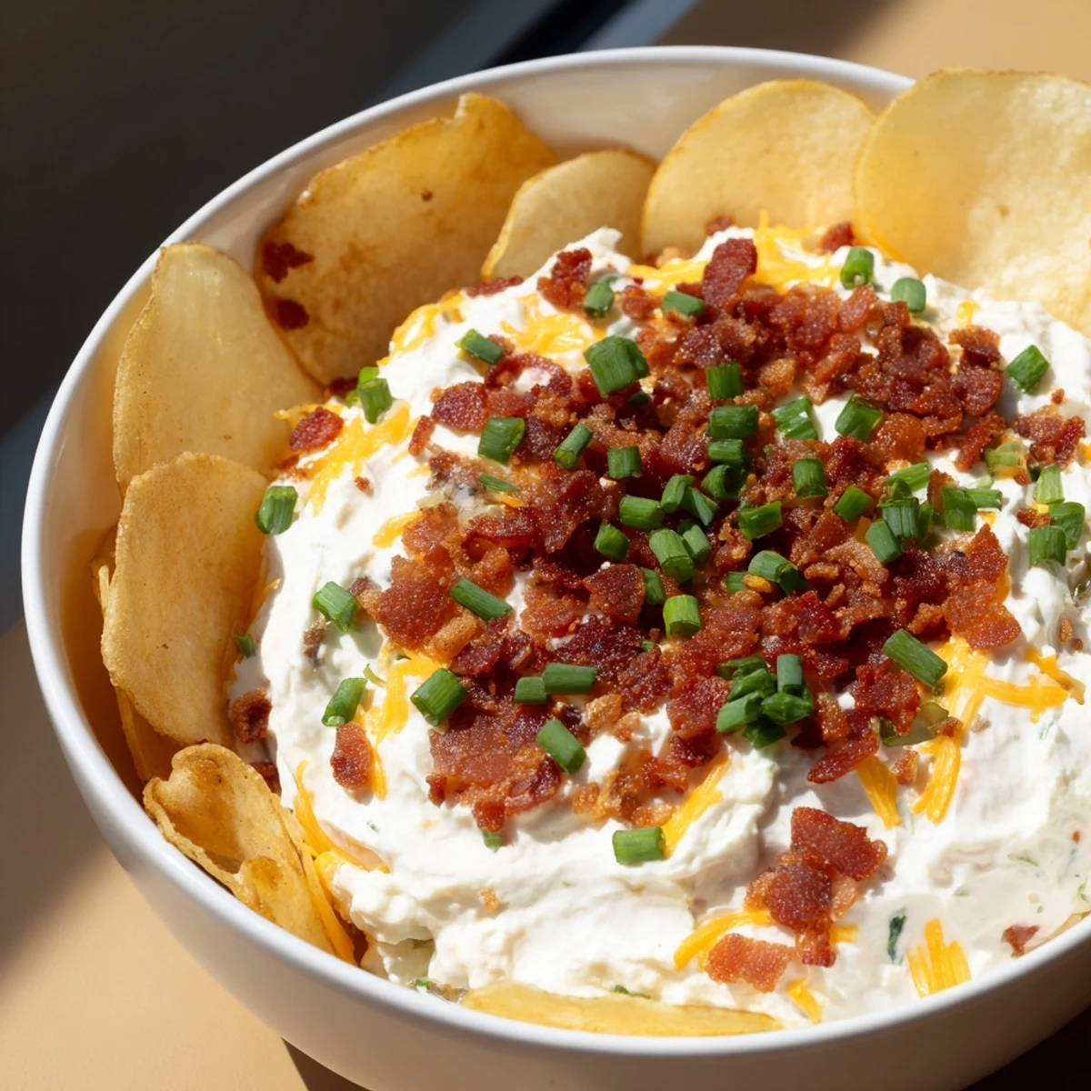 Une portion généreuse de dip Loaded Baked Potato aux fromages cheddar et crème, parfaite pour un apéritif à partager.
