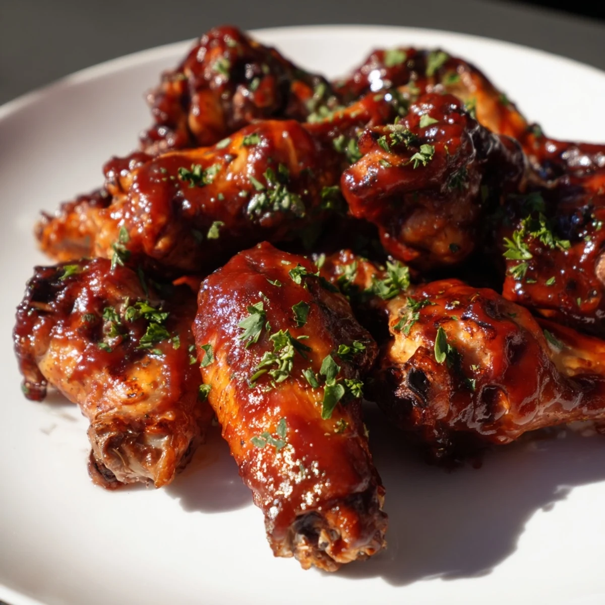 Chicken wing platter with BBQ sauce garnie de persil frais et bâtonnets de céleri, parfaite pour un apéritif entre amis.