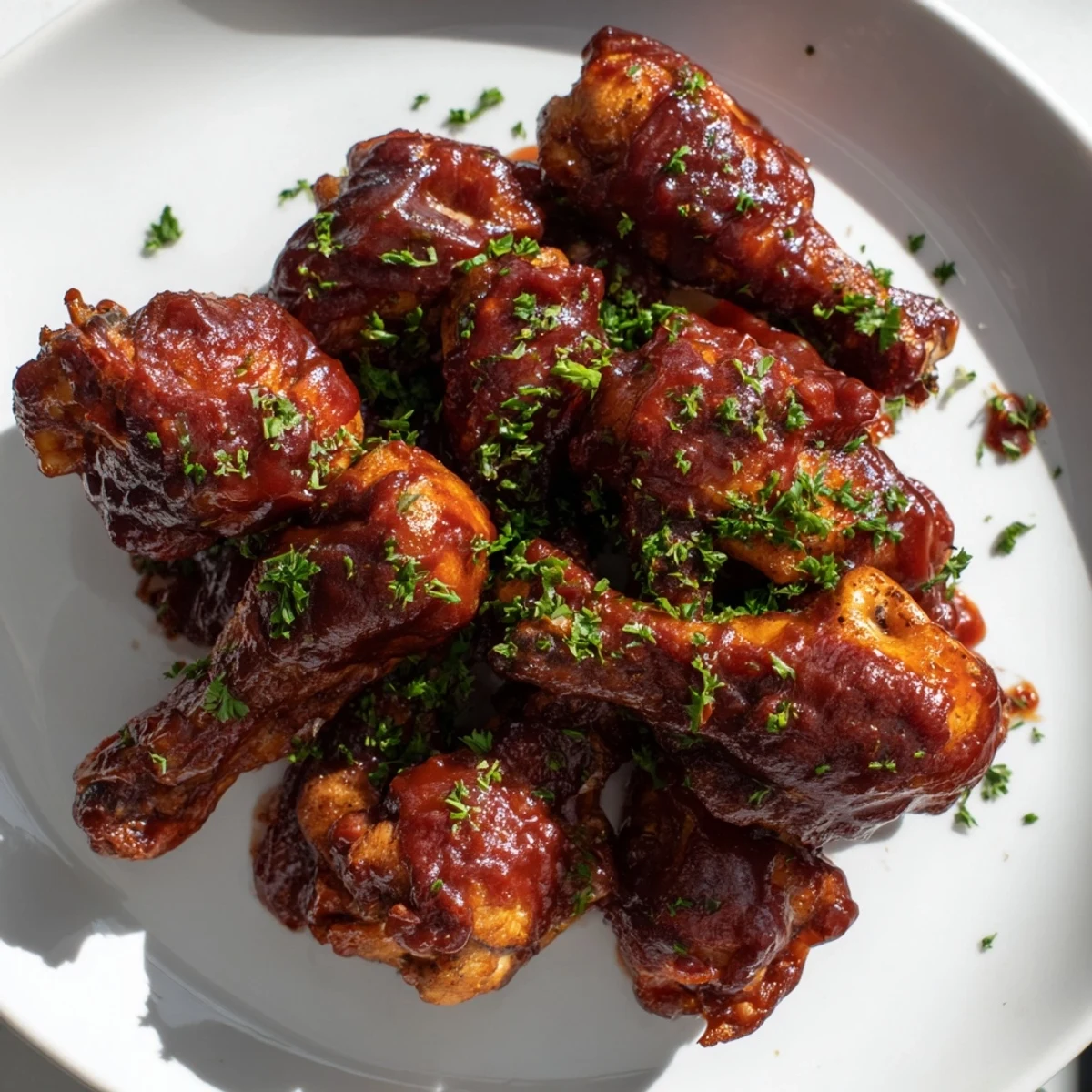 Ailes cuites au four et nappées de sauce barbecue épicée, présentées en grande assiette pour un repas convivial de week-end.