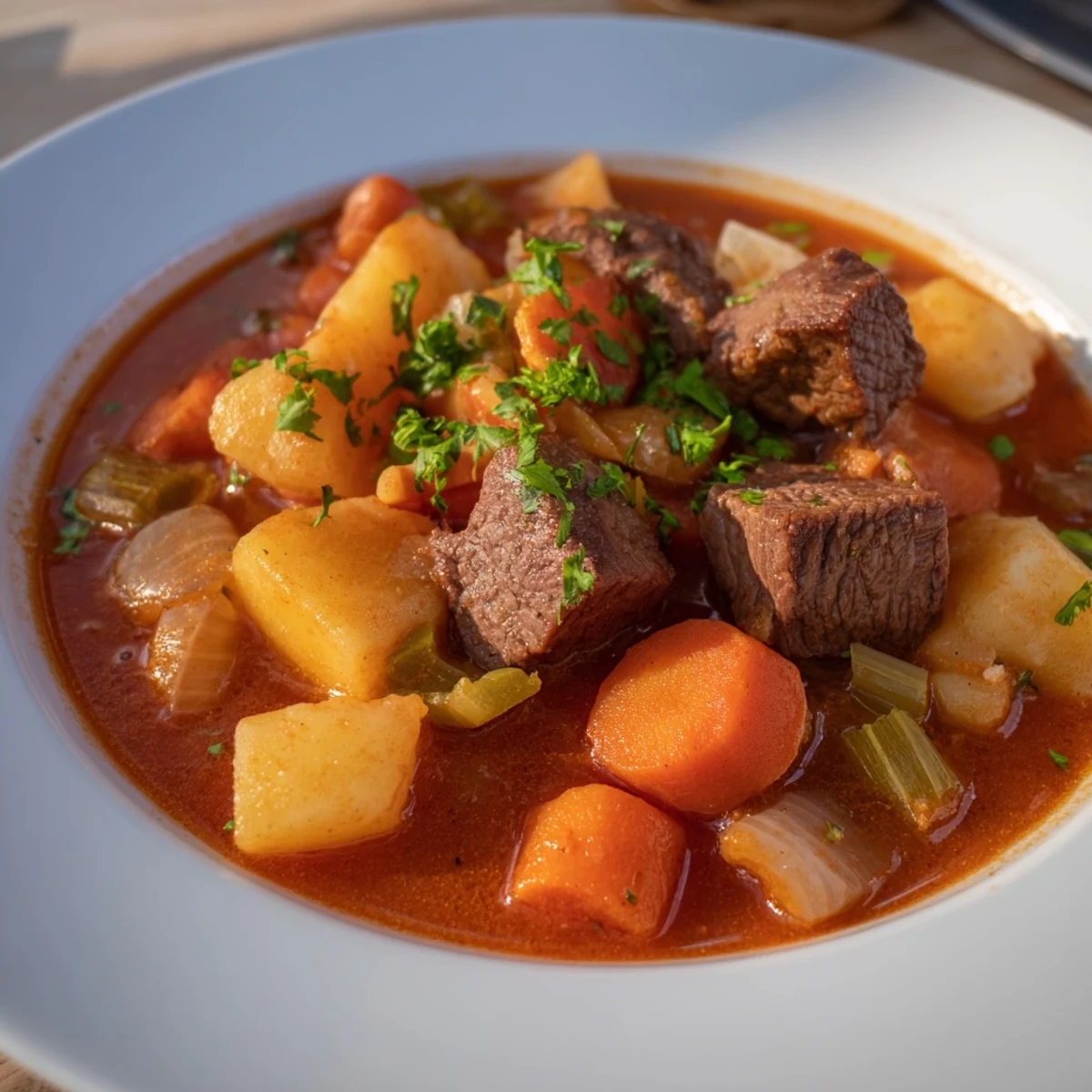 Une assiette fumante de soupe au chou et boeuf avec pommes de terre, garnie de persil frais pour une touche verte.