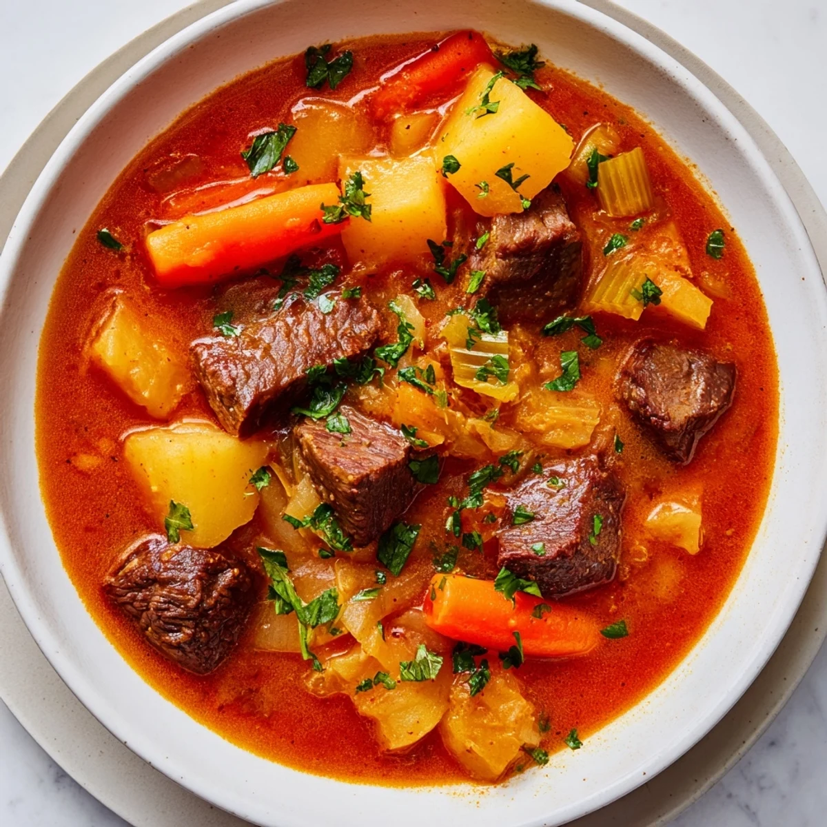 Un bol généreux de soupe au chou et boeuf aux pommes de terre, nappé d'un filet de paprika et persil.