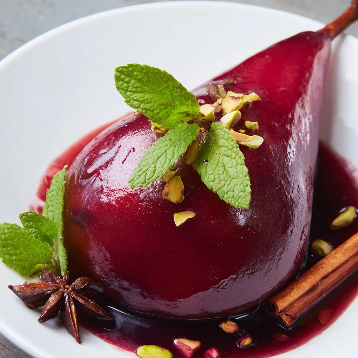 Des poires pochées au sirop de raisin, accompagnées de menthe fraîche et d'amandes concassées pour une touche finale.