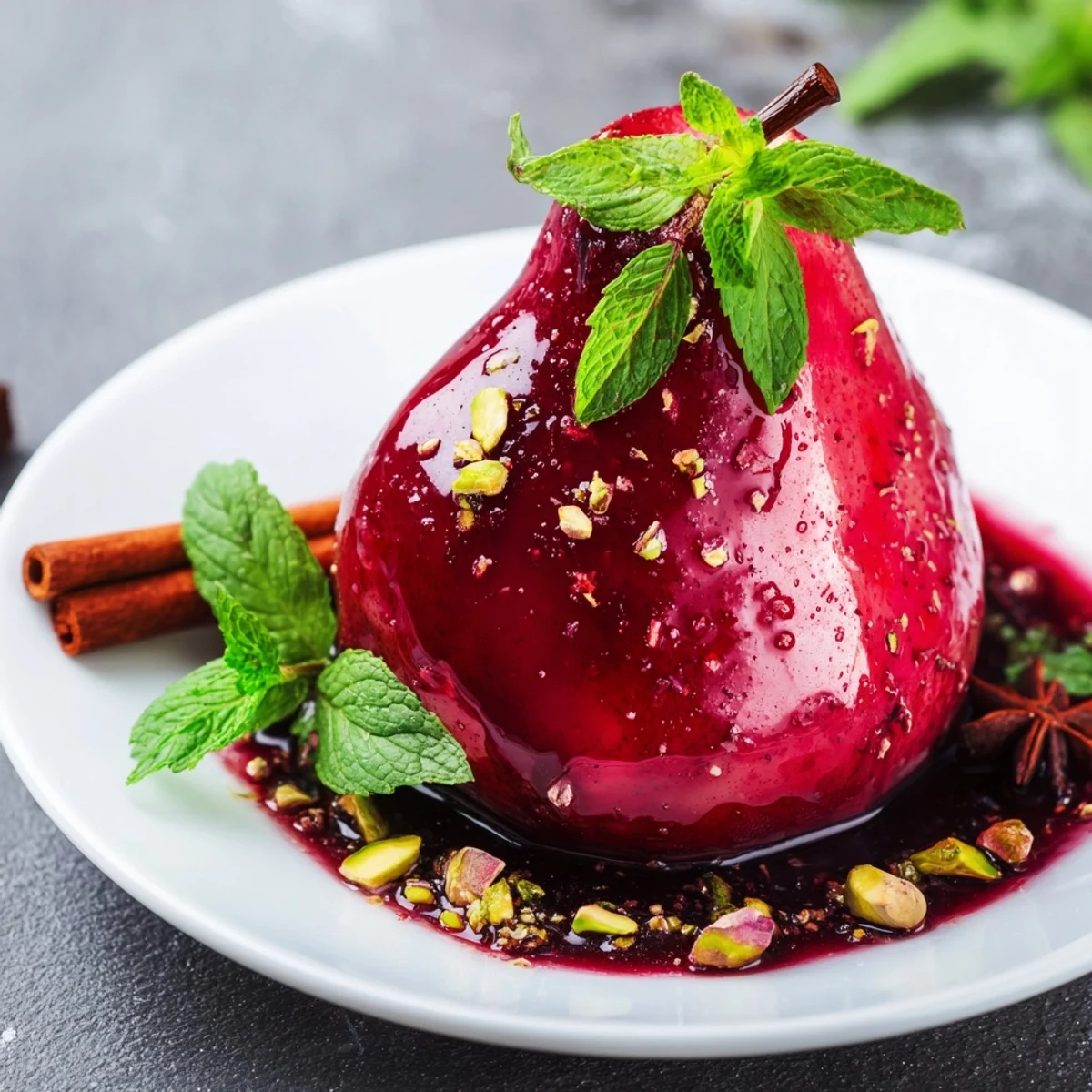Cette poire pochée au sirop de raisin se dresse élégamment avec sa cannelle et son anis étoilé, idéale pour recevoir.
