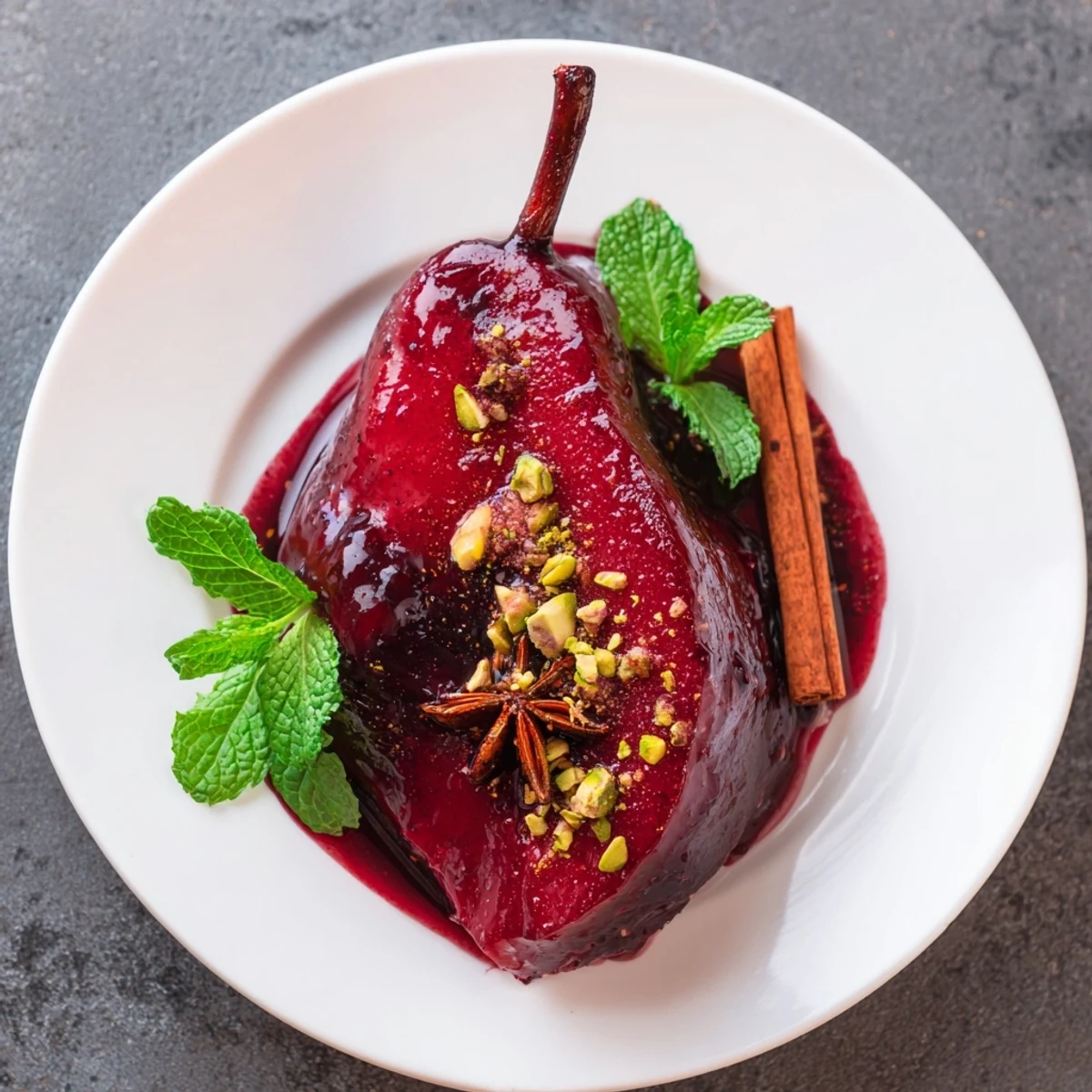 Une poire pochée en sirop de raisin rouge, tendre et juteuse, parfaite en dessert léger sans gluten et végétarien.