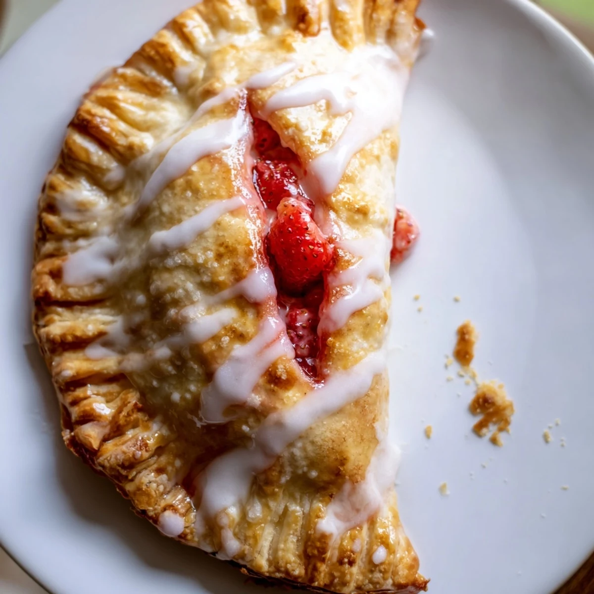 Golden-brown Strawberry Hand Pies with Glaze sitting on a rustic wooden board, drizzled with a smooth vanilla glaze.