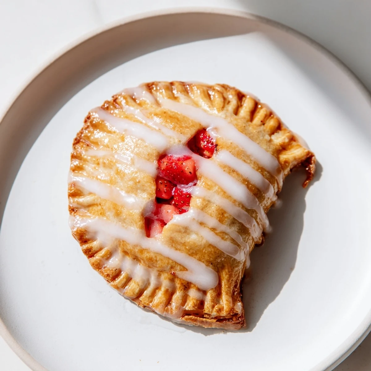 A close-up of Strawberry Hand Pies with Glaze, where the flaky crust reveals a vibrant, juicy red strawberry filling.