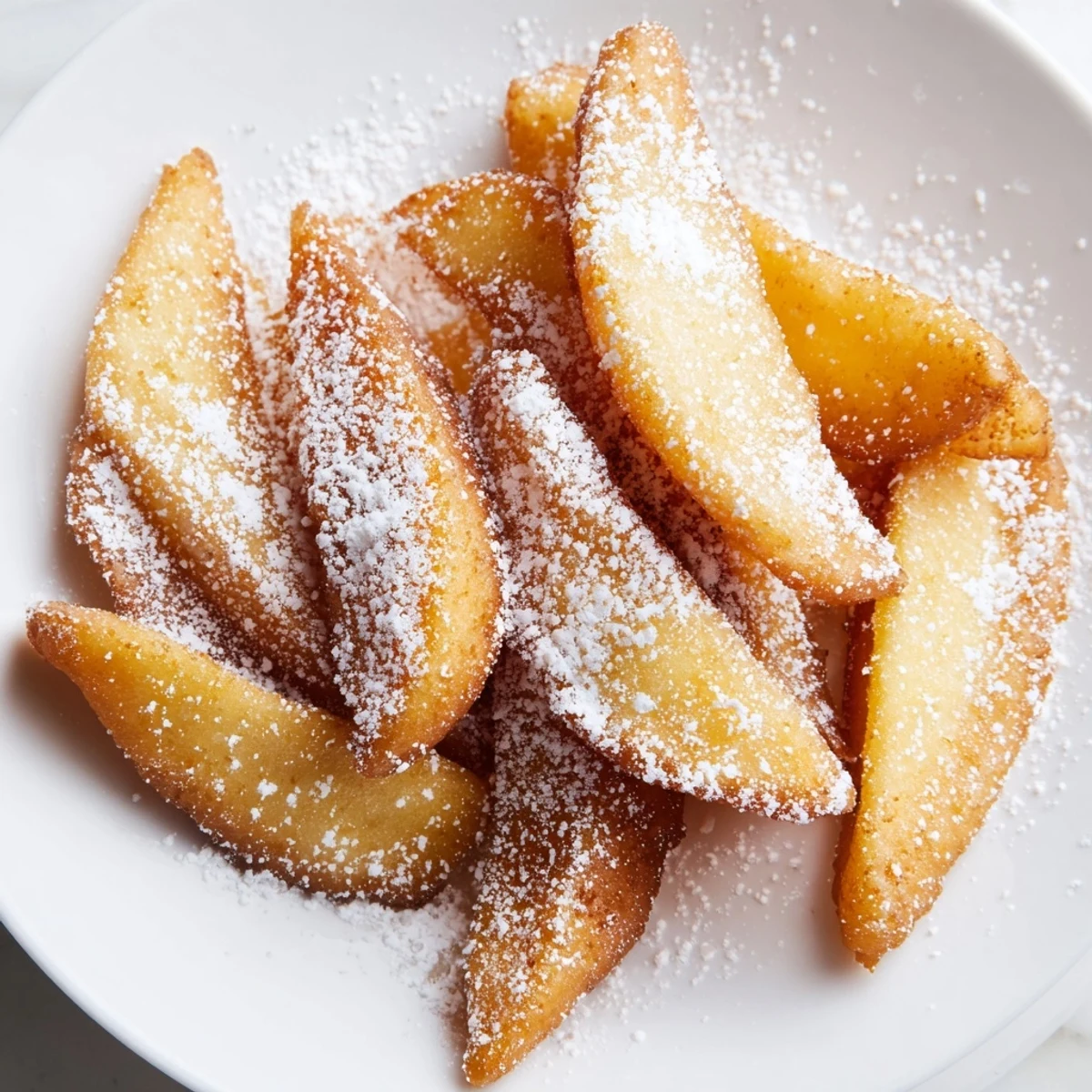 Beignet Fries with Powdered Sugar served warm, golden and crispy, dusted in a thick blanket of powdered sugar.