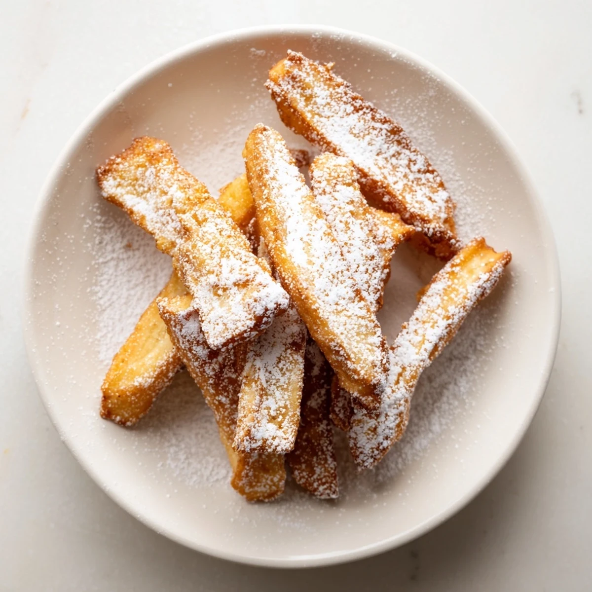 Freshly fried beignet fries with Powdered Sugar, arranged on a plate beside a small dipping bowl of chocolate sauce.