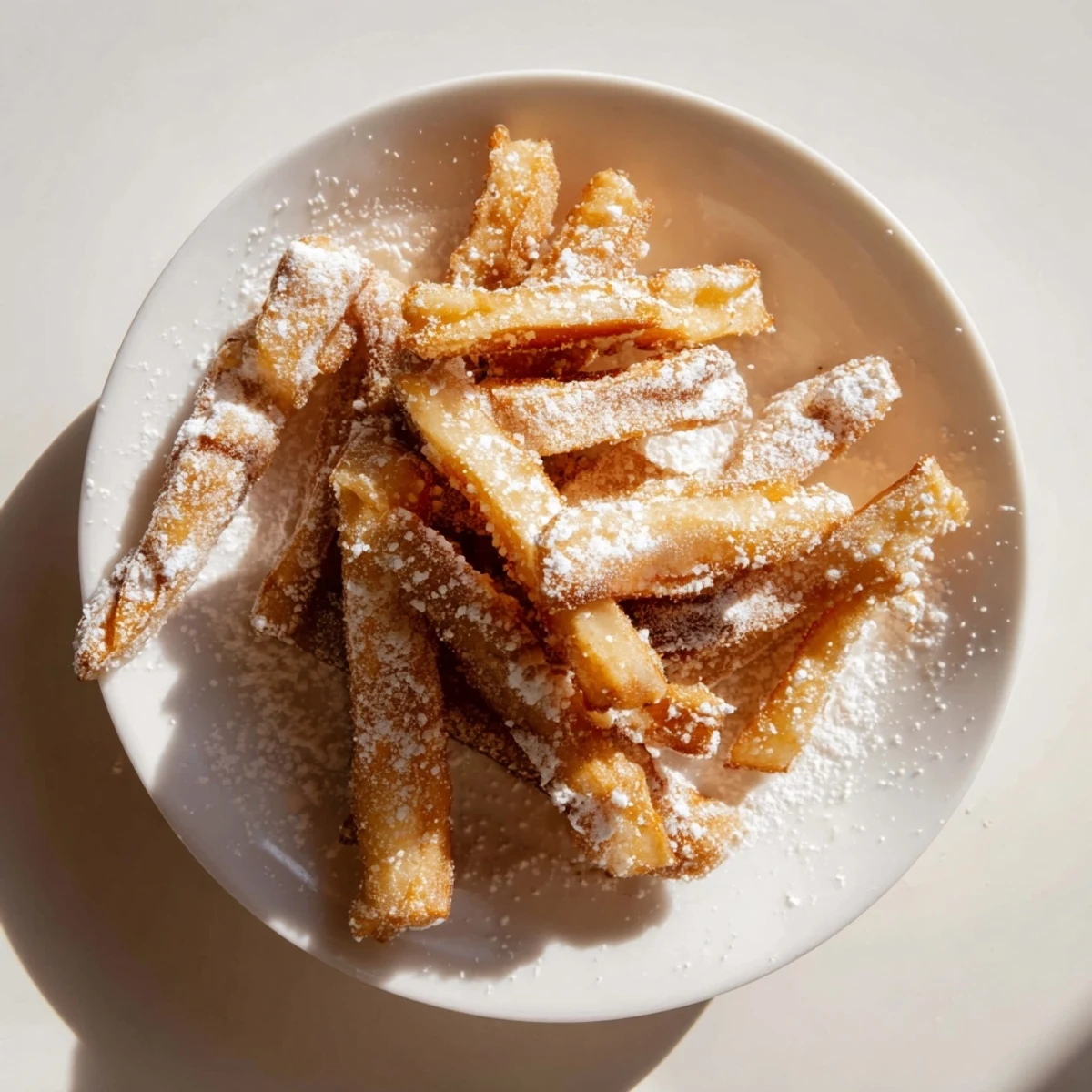 Powdered Sugar-coated beignet fries in a rustic basket, with warm golden edges and a soft airy interior.