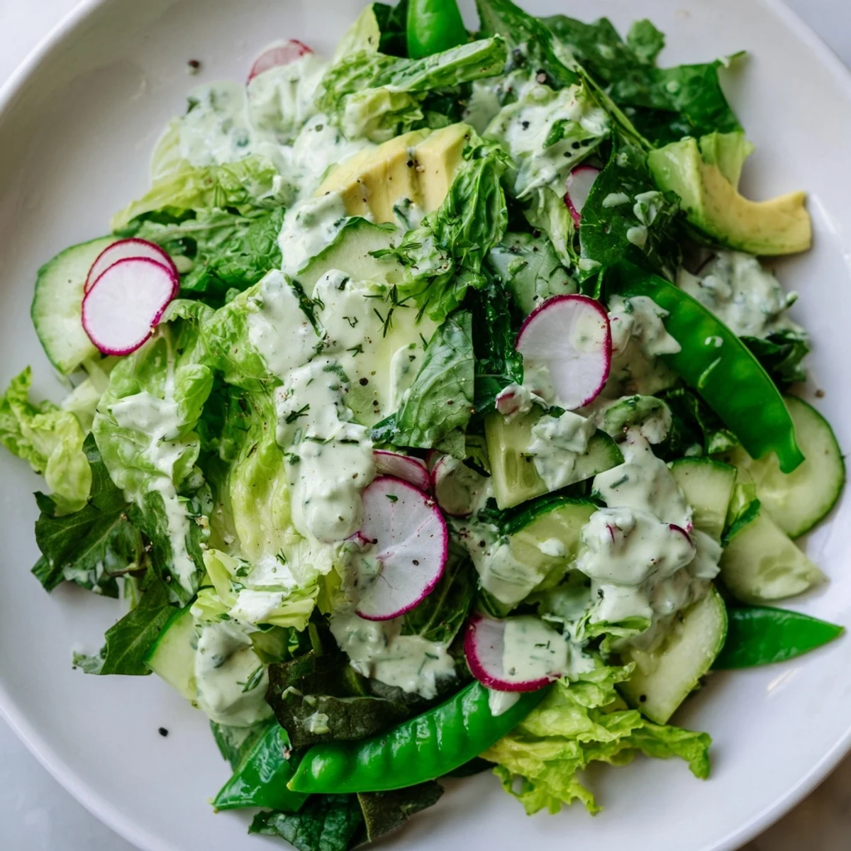 Crunchy mixed greens, cucumber, and avocado tossed with a vibrant homemade Green Goddess dressing.