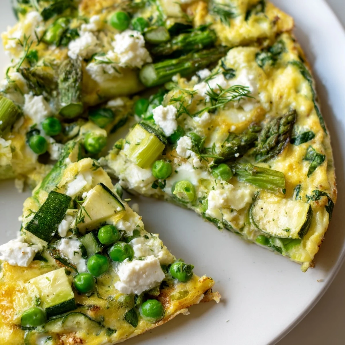 Une frittata printanière dorée et moelleuse garnie d’asperges, épinards et petits pois, sur une assiette rustique.