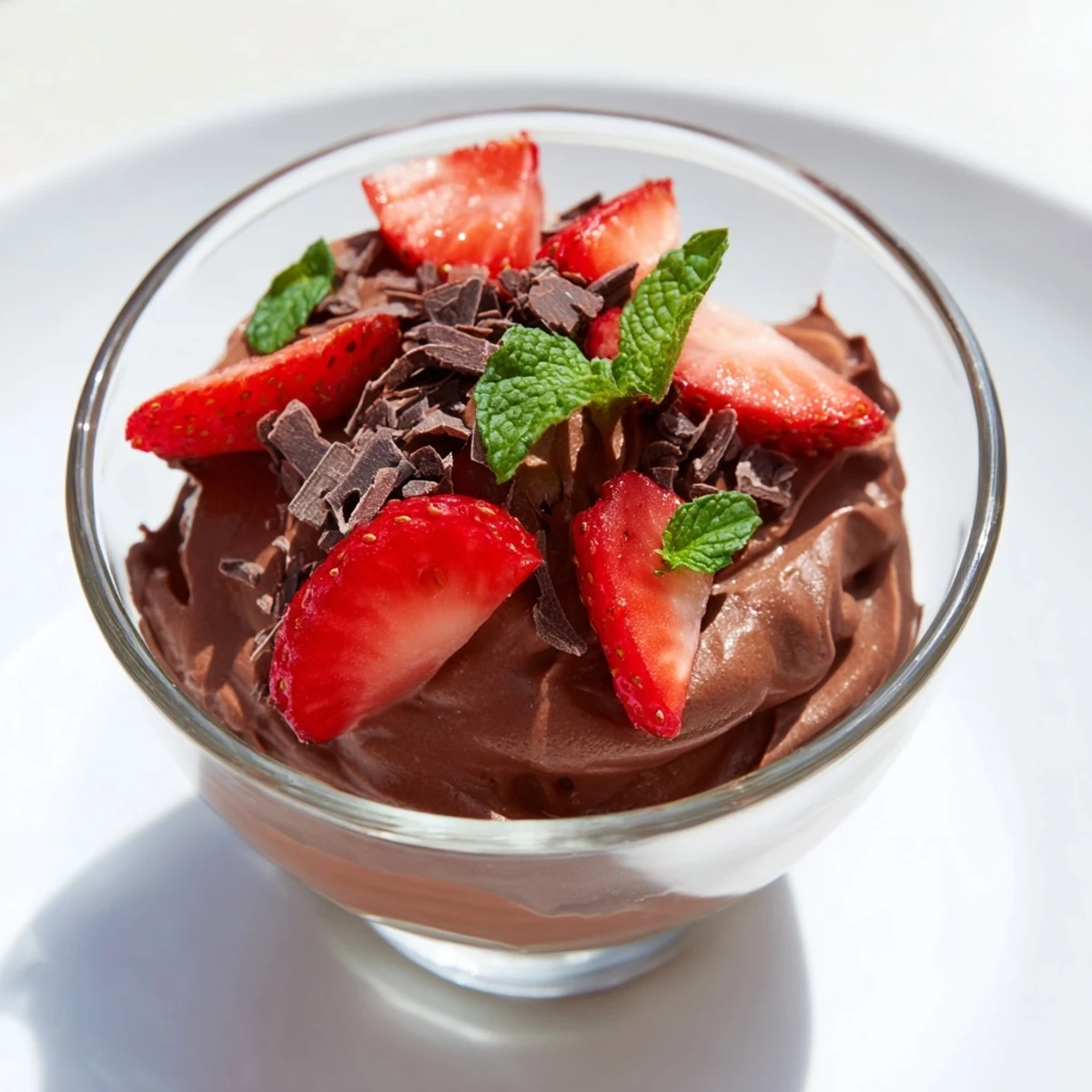 Un bol de mousse au chocolat aérienne, garni de fraises fraîches et de feuilles de menthe, posé sur une table en bois clair.