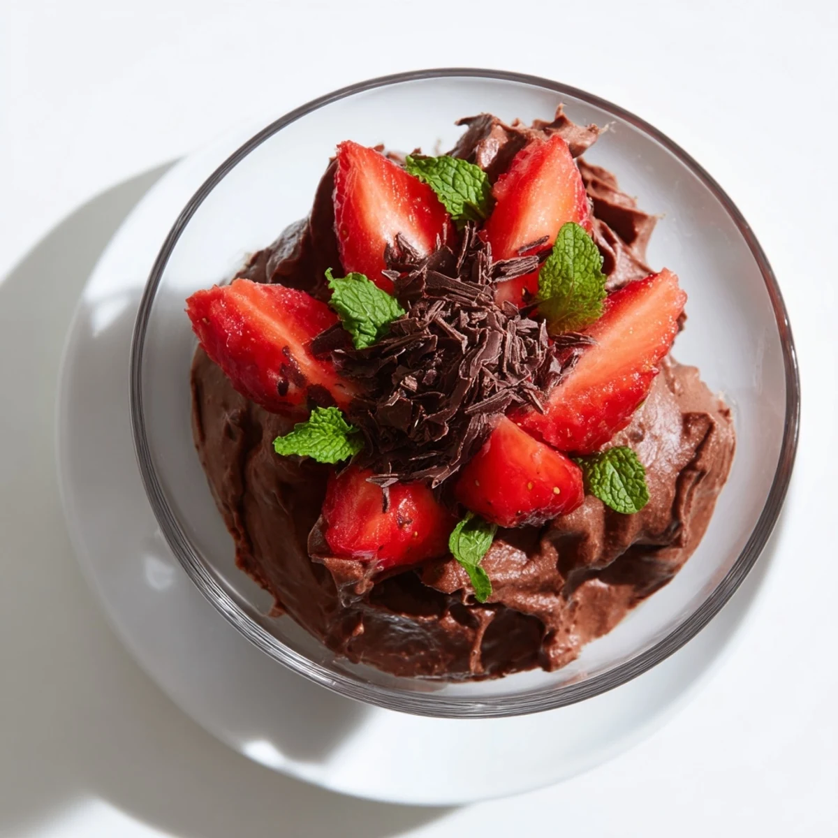 Une portion de mousse au chocolat crémeuse avec des fraises entières pour un contraste de textures rafraîchissantes et savoureuses.