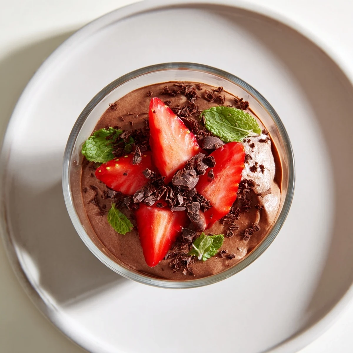 Des fraises rouges juteuses et des éclats de chocolat en brindilles ornent une délicieuse mousse au chocolat, servie dans un verre élégant.
