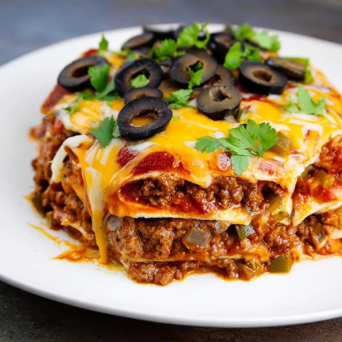 Un plat familial de Beef Enchilada Casserole avec Fromage, sortant du four doré et gratiné.