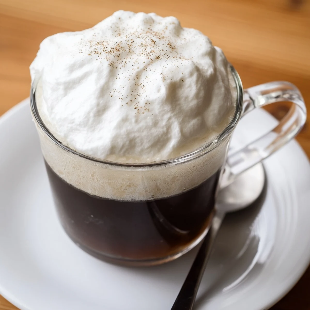 Irish Coffee Mocktail with Whipped Cream in a clear glass, the cream layered over hot black coffee.