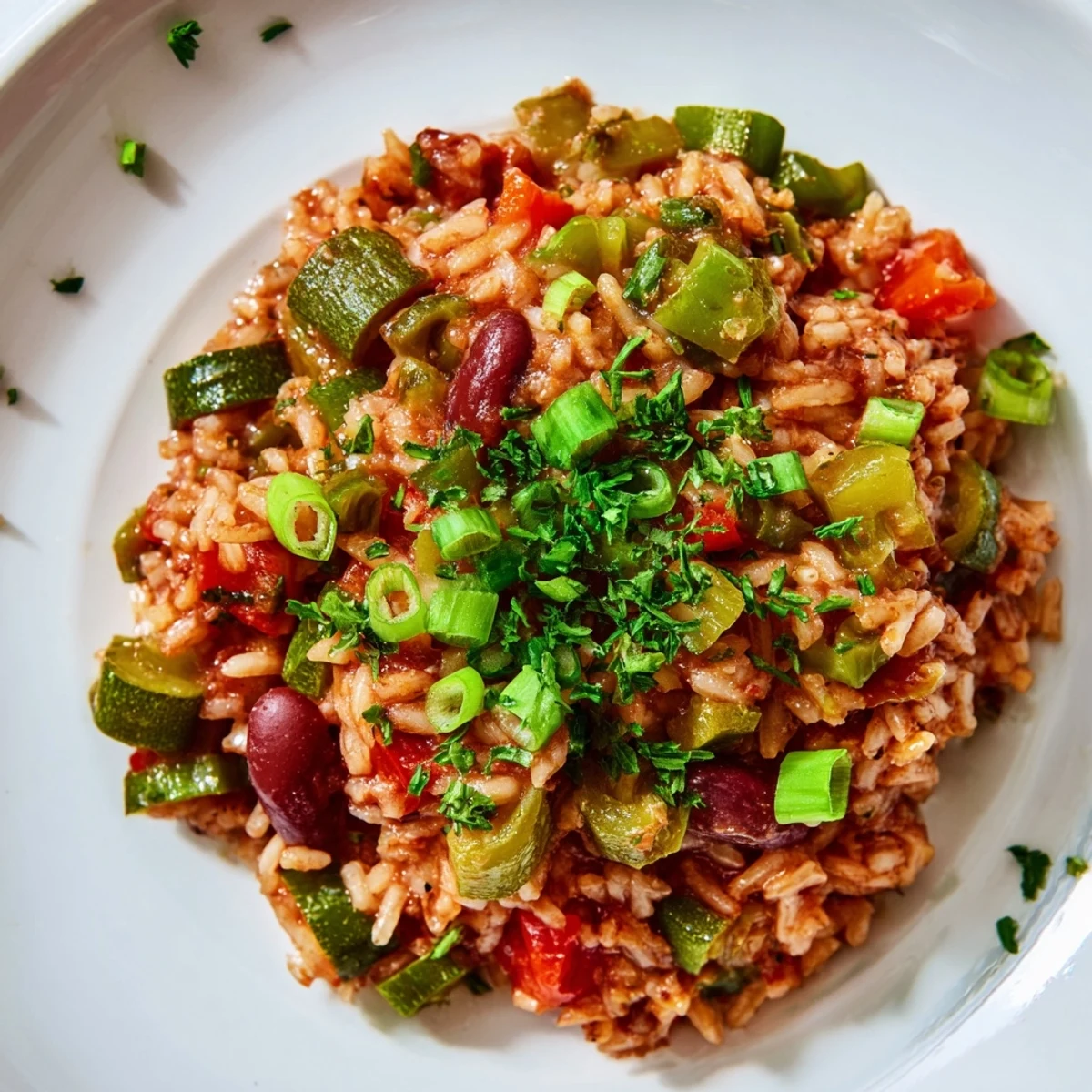 Une assiette généreuse de Mardi Gras Veggie Jambalaya, riche en haricots rouges, poivrons colorés et tomates cerises éclatantes.