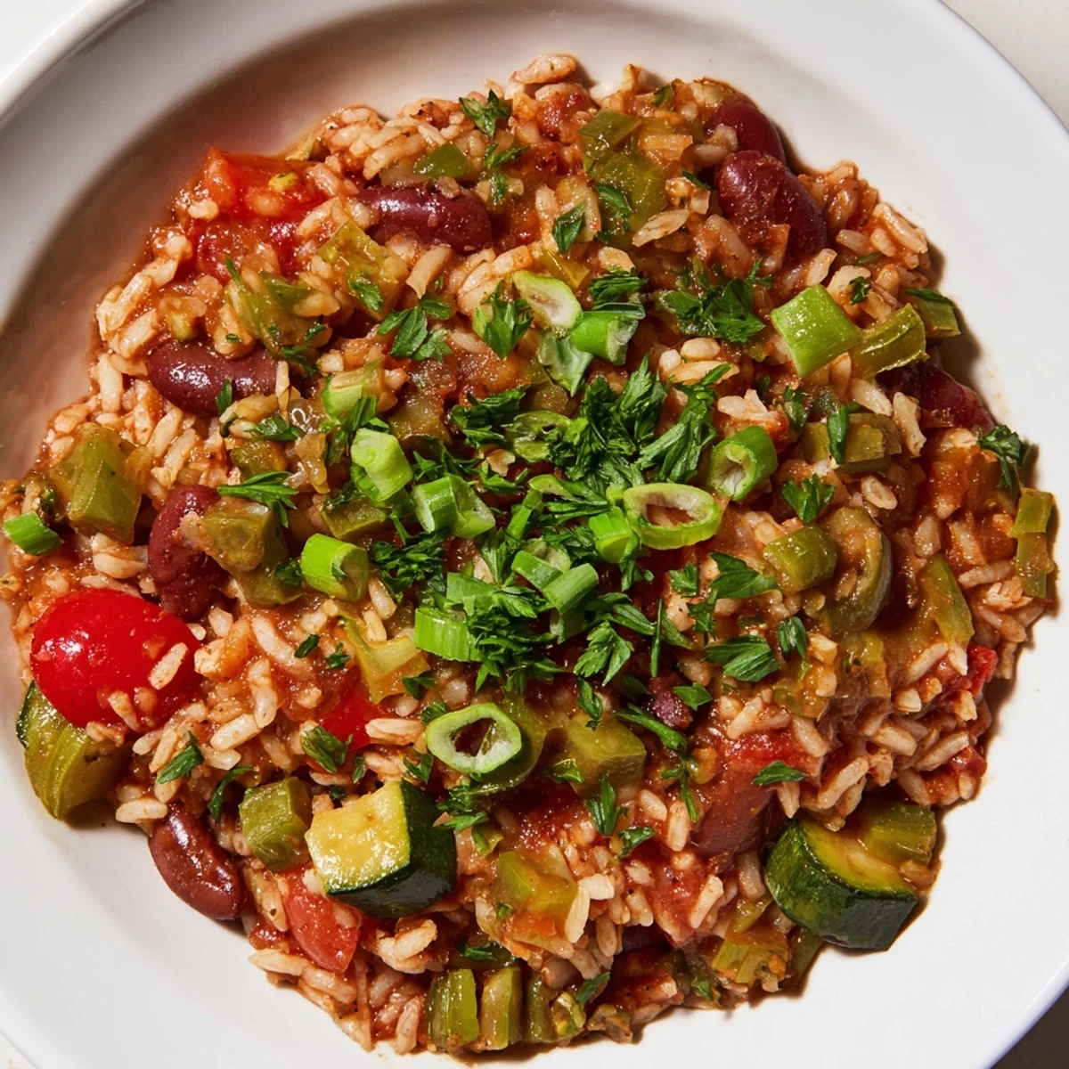 Ce jambalaya végétarien dégage une vapeur parfumée avec des épices cajun, prêt à être dégusté avec du pain croustillant.