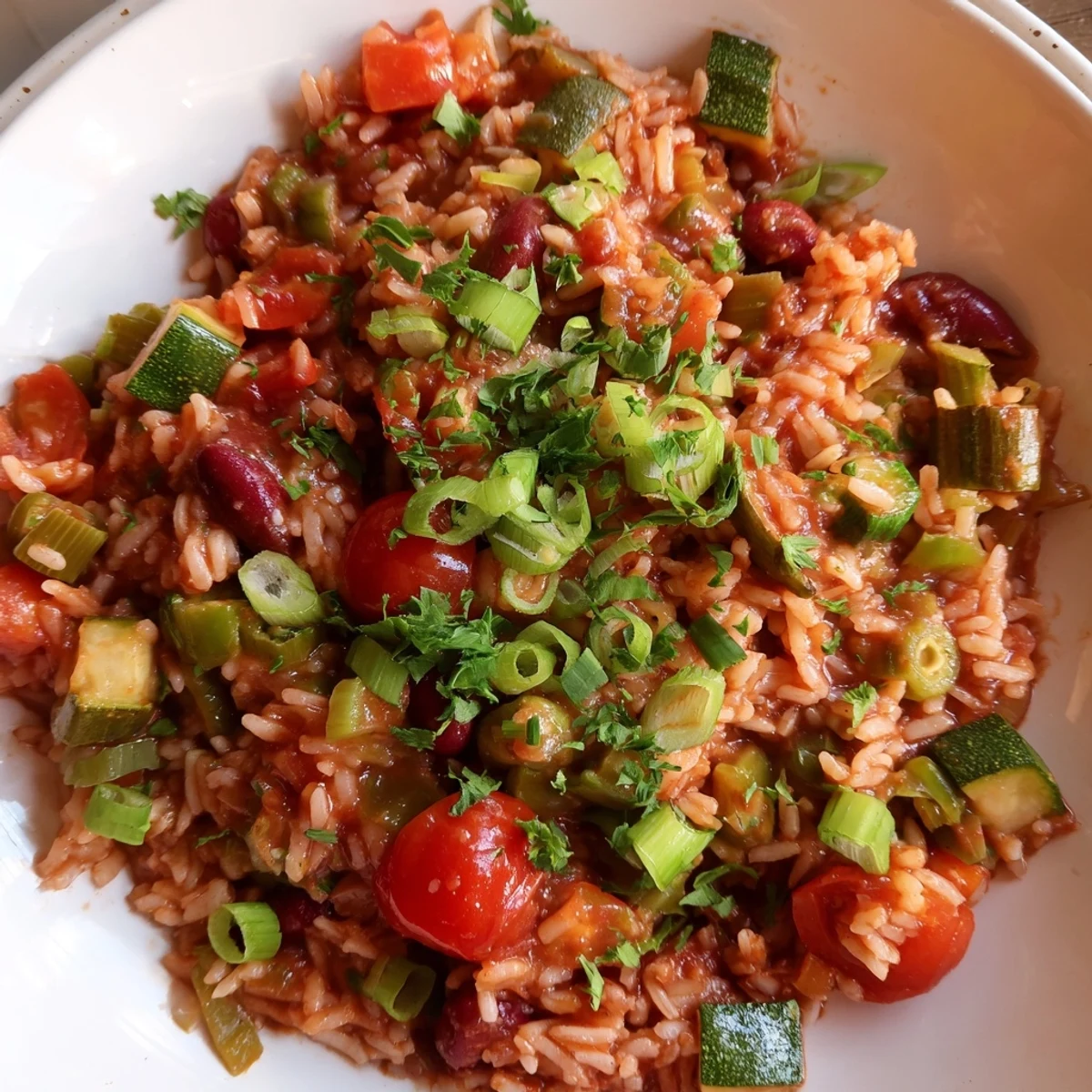 Une vue en gros plan sur le Mardi Gras Veggie Jambalaya, agrémenté de ciboulette fraîche et de sauce piquante.