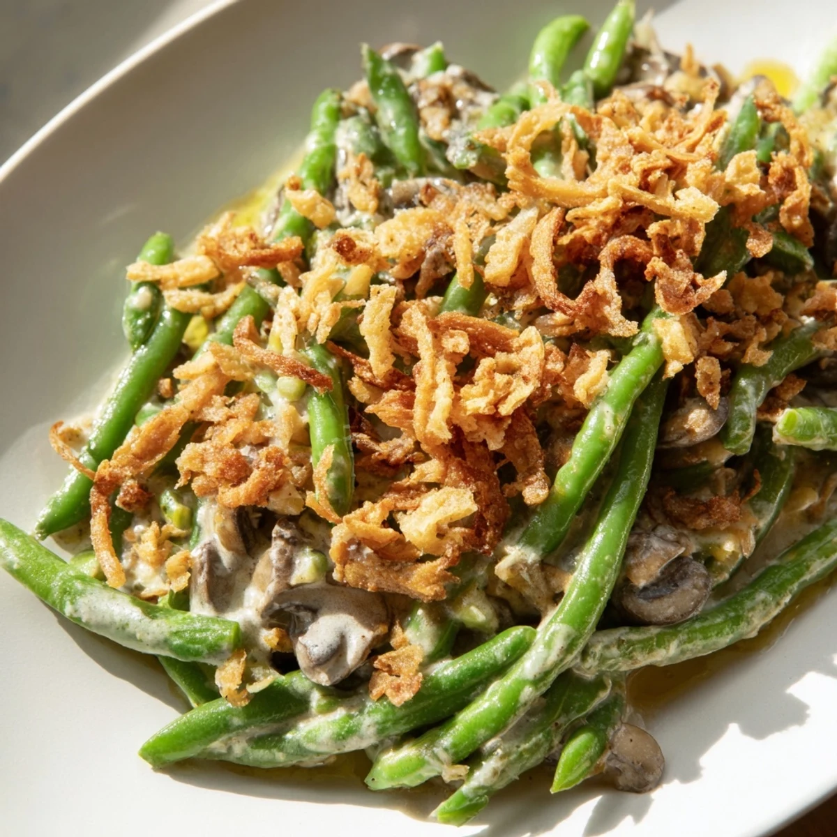 Des green beans tendres nappées d’une sauce crémeuse aux champignons, recouverte d’oignons frits croustillants dorés au four. 