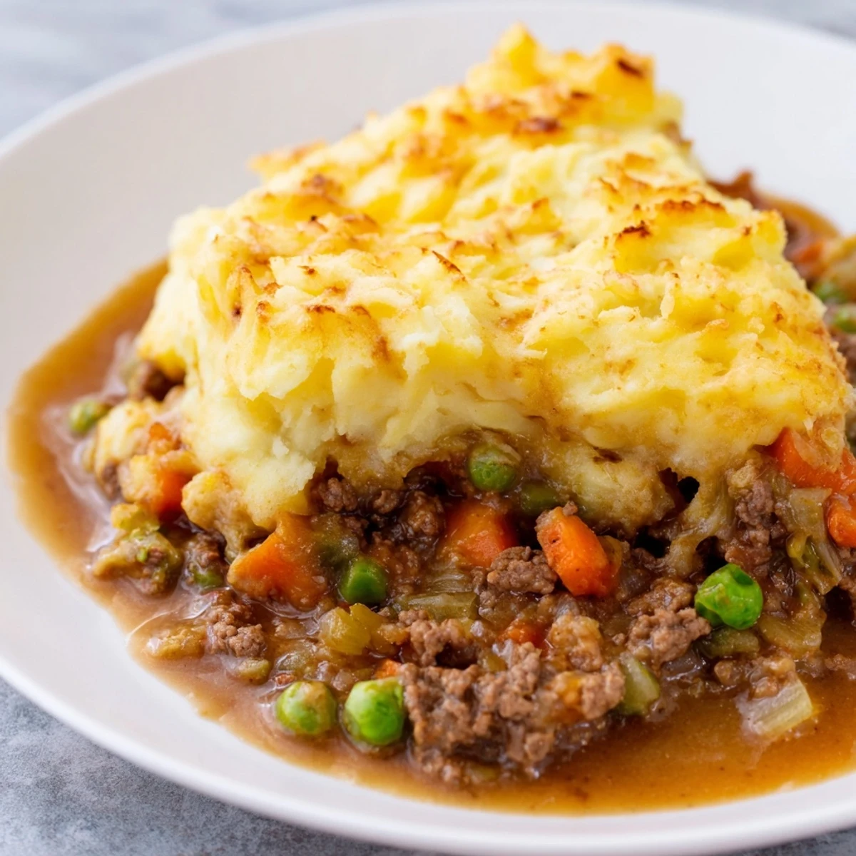 Un plat réconfortant de bœuf haché mijoté et légumes sous un chapeau doré de purée au cheddar, sortant du four tout fumant.