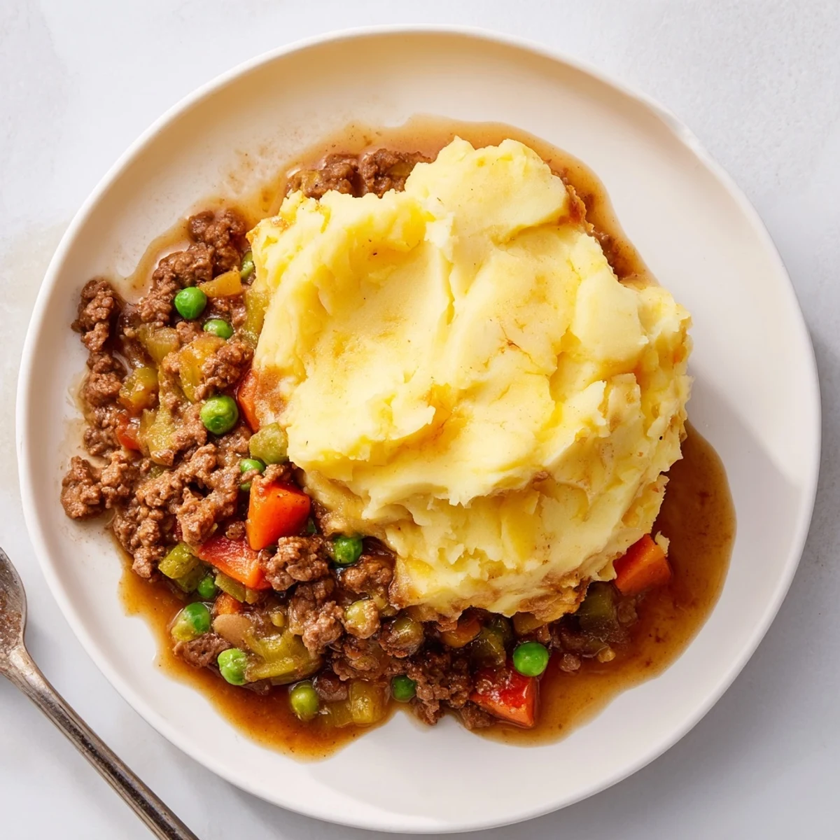 Une part appétissante de Shepherds Pie au bœuf, accompagnée de haricots verts vapeur, montrant une purée au cheddar onctueuse et une garniture rustique.