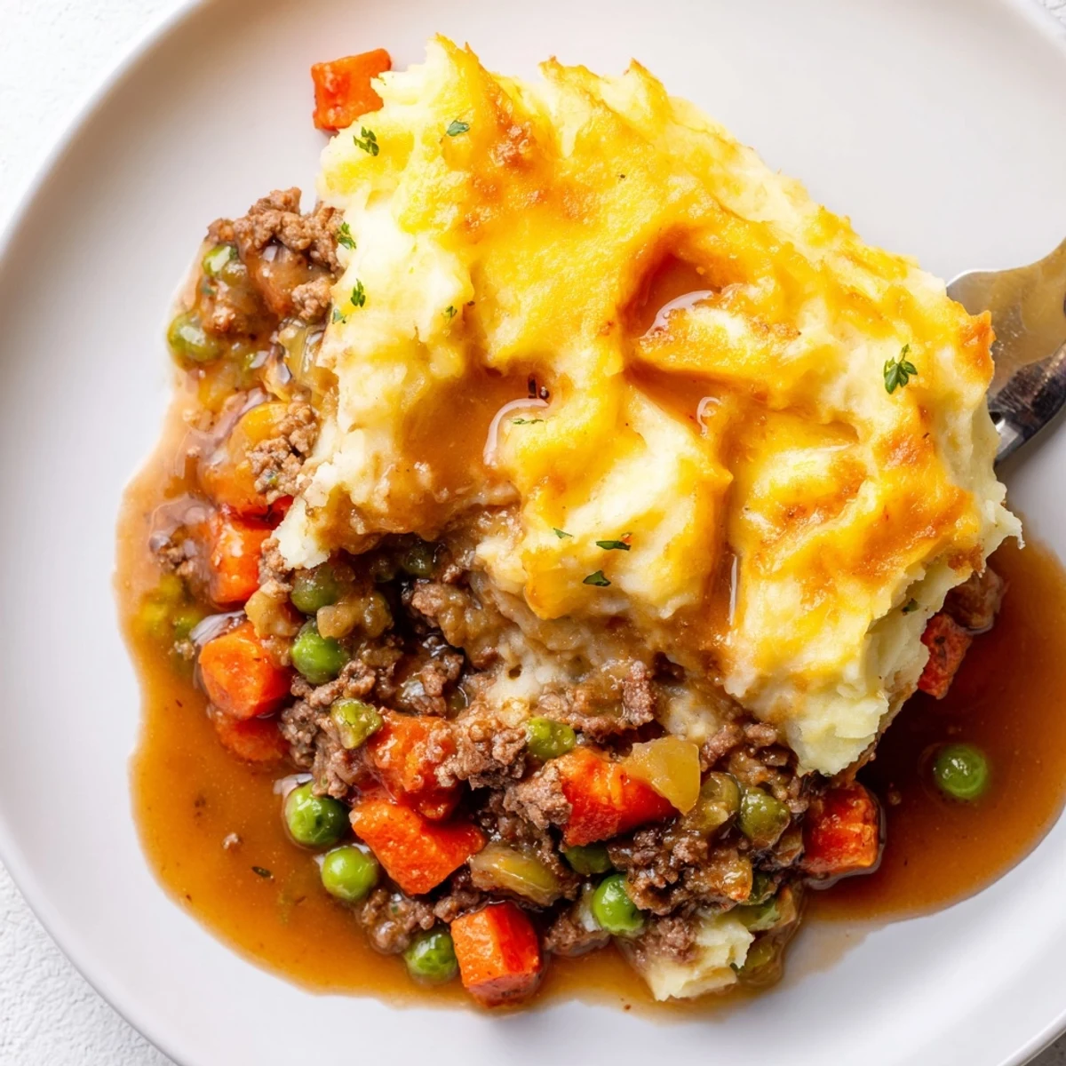 Le gâteau traditionnel au bœuf Shepherds Pie, avec une garniture savoureuse de viande et légumes, et une purée crémeuse au cheddar gratinée à point.