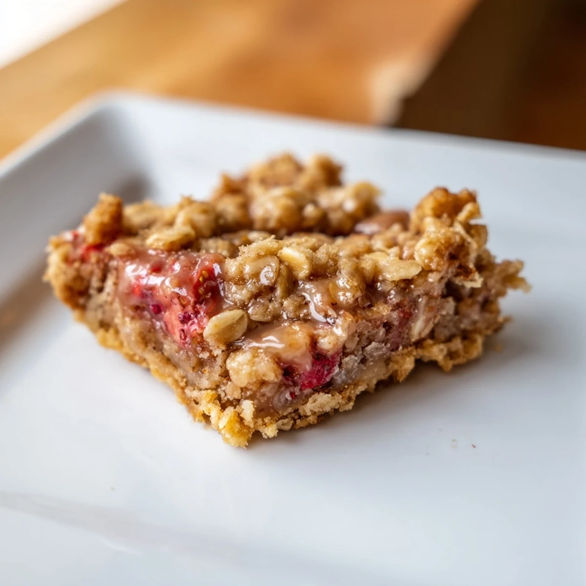 Freshly baked Strawberry Rhubarb Crumble Bars on a rustic wooden board, showing a sweet and tangy fruit layer with a crumbly topping.